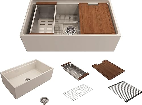 BOCCHI Contempo - Delantal para estación de trabajo, con borde delantero, arcilla refractaria de 33 pulgadas, fregadero de cocina de un solo tazón