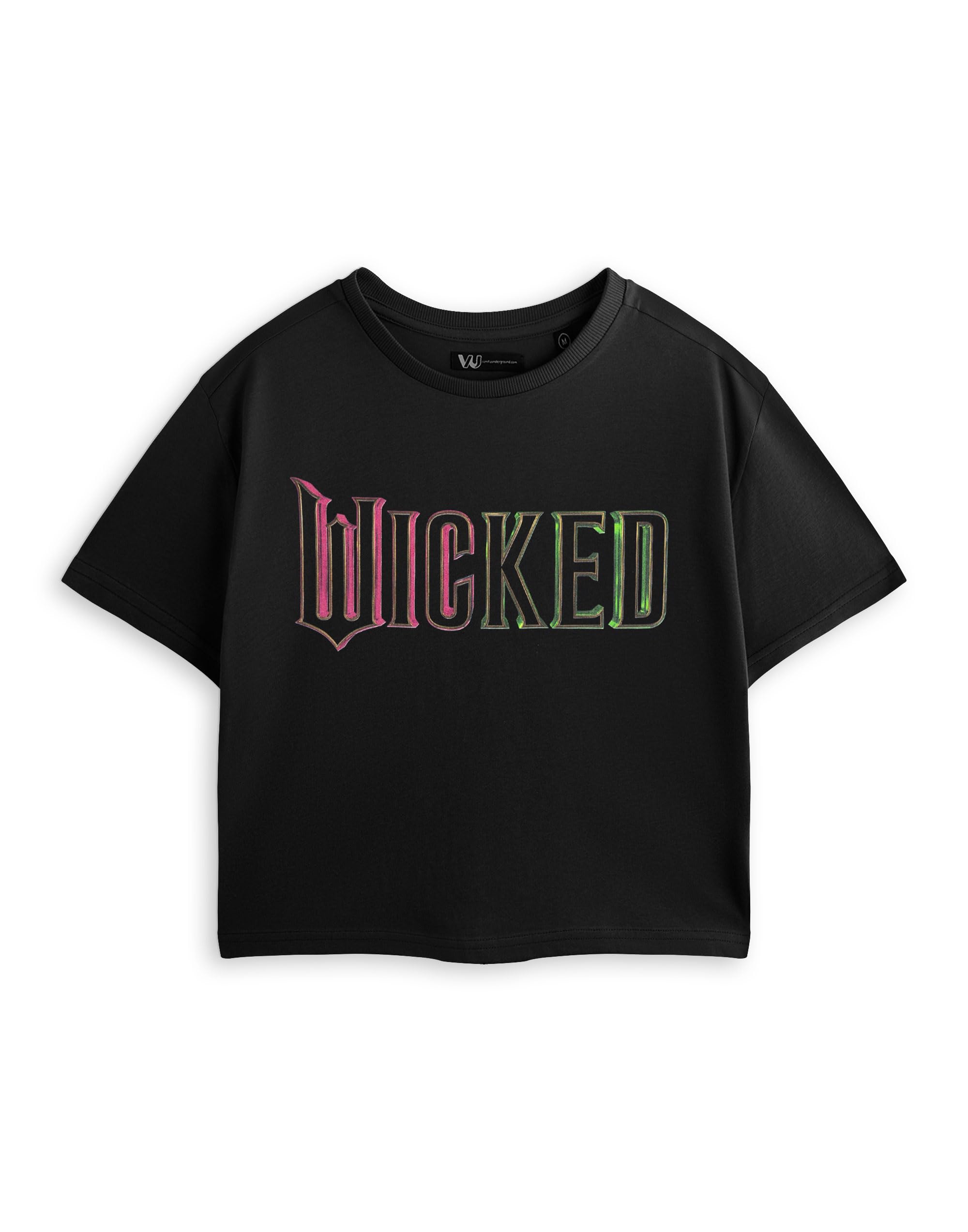Wicked Women's Black Cropped Short Sleeve Graphic Tee | Green Pink Logo T-Shirt | Classic Crew Neck Top | Movie Merchandise | Casual Fashion Apparel Merch - X-Large