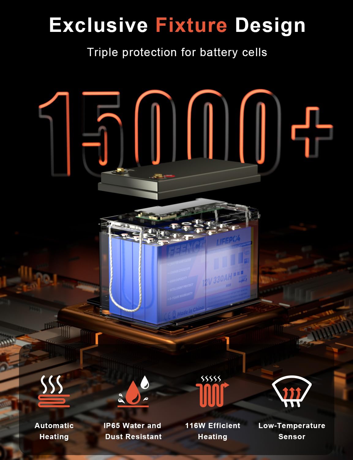 Batteria al litio LiFePO4 da 12 V 330 AH con 200 A BMS, capacità 4224 Wh, carica da -20 ℃, ciclo basso, batteria al litio ricaricabile per camper, alimentazione di emergenza, solare e rete