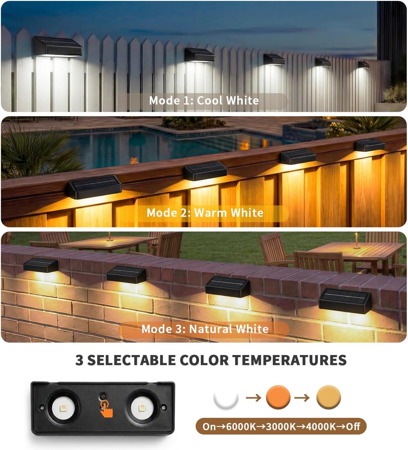 JOFIOS Fence Lights Solar Powered 12 Pack, 3000/4000/6000K 3 Modes, IP65 Waterproof Solar Fence Lights Outdoor, Dusk to Dawn Deck Lights for Outside, Wall, Backyard, Step, Patio, Stair Railings