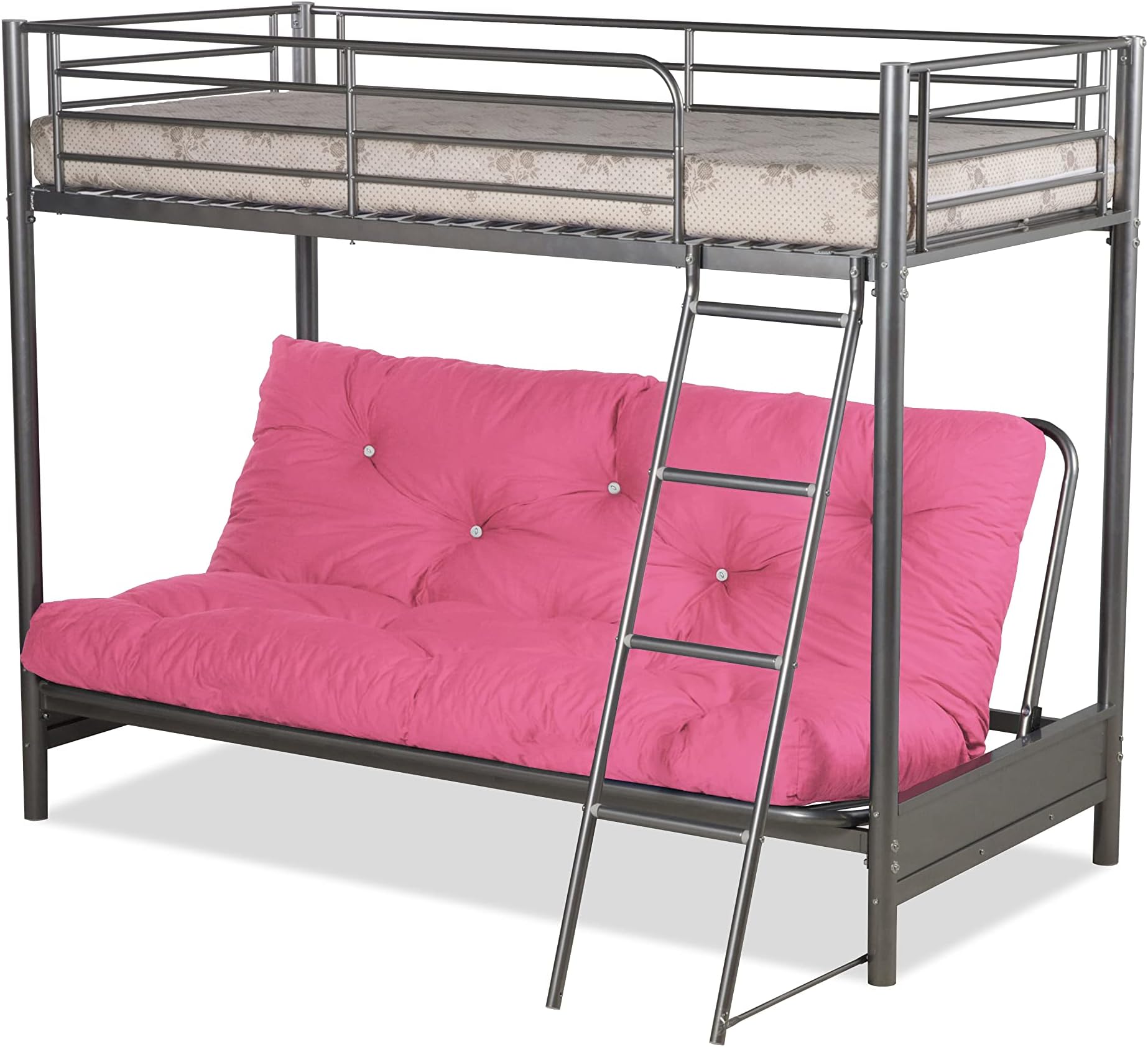 Futon Bunk Bed – Silver Metal Frame with Pink Futon Mattress – 3FT Top Bunk & 4FT6 Convertible Sofa Bed – Compact, Stylish Solution for Spare Rooms & Apartments