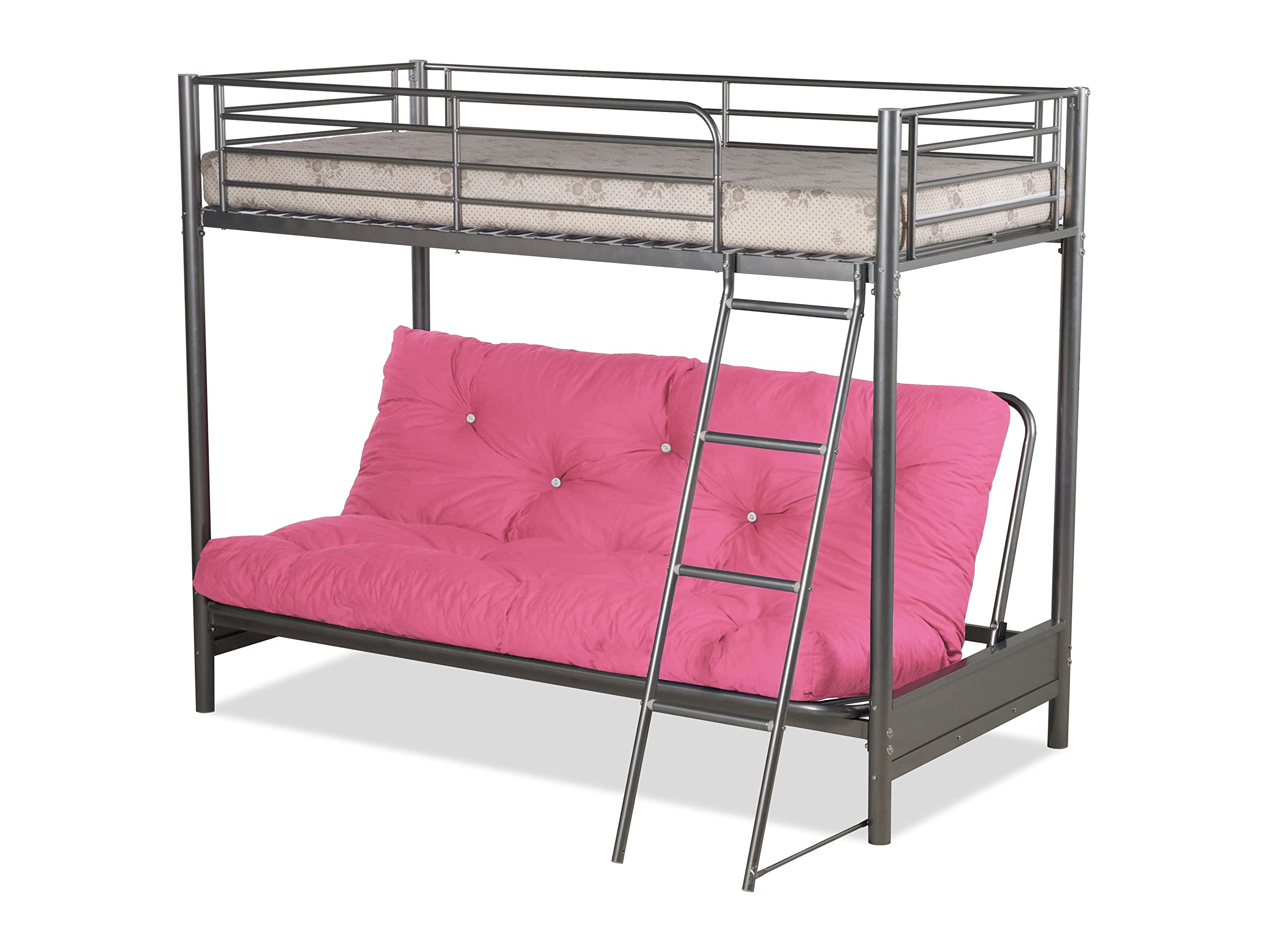 Futon Bunk Bed – Silver Metal Frame with Pink Futon Mattress – 3FT Top Bunk & 4FT6 Convertible Sofa Bed – Compact, Stylish Solution for Spare Rooms & Apartments