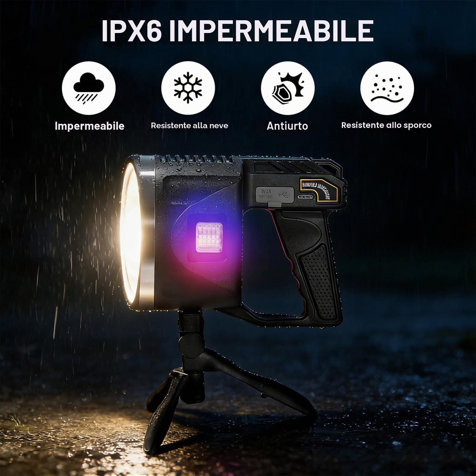 Torcia LED Ricaricabile con Proiettore - 1500 Lumen Super Luminosa, 6 Modalità, IPX7 Impermeabile, 4500mAh 25H, Luce COB, Treppiede Regolabile per Esterno, Sicurezza, Emergenza