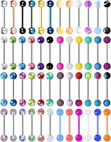 48 peças 14G anéis de língua de bola coloridos para mulheres e homens anéis de mamilo de aço inoxidável cirúrgico acrílico plástico língua halteres piercing joia barra comprimento 16 mm