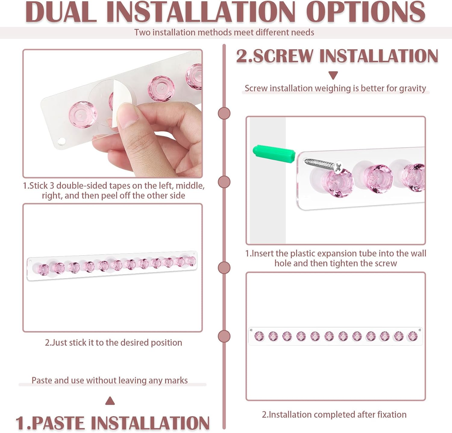 2 Pack Necklace Holder Wall Mount, Acrylic Necklace Organizer Hanging Jewelry Storage Hanger with 12 Hooks for Bracelets, Earrings, Bangles Tangle-Free Display, Pink