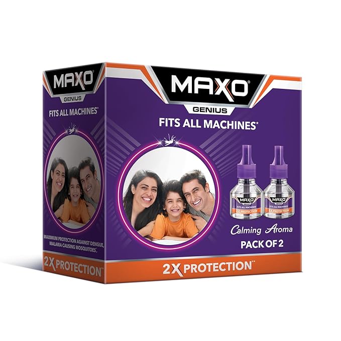 Maxo Genius Liquid Vaporizer 45ml Pack of 2| Fits all Machines | Maximum protection against Dengue,Malaria causing Mosquitoes-2X Protection| Calming Aroma