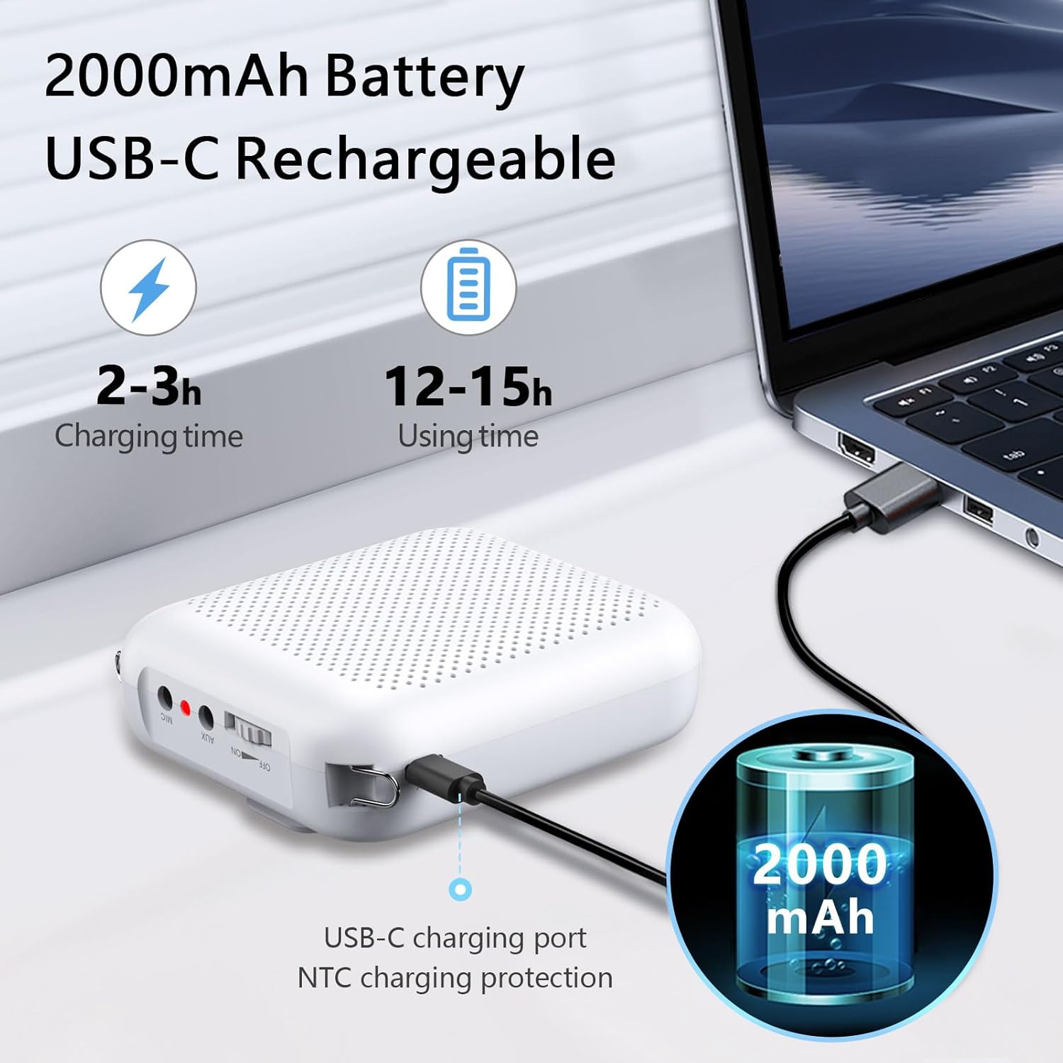 Norwii S358 Voice Amplifier connected to a laptop via USB-C cable for charging, showing 2000mAh battery capacity and charging time.