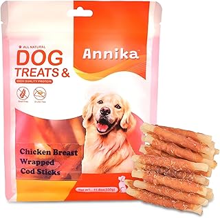 Annika Dog Treats Chicken Wrapped Cod Sticks – Natural, Single Ingredient Cod Dog Treats & Chicken Jerky for Dogs – Long Lasting Fish Chews for Small, Medium & Large Dogs, 11.6 oz