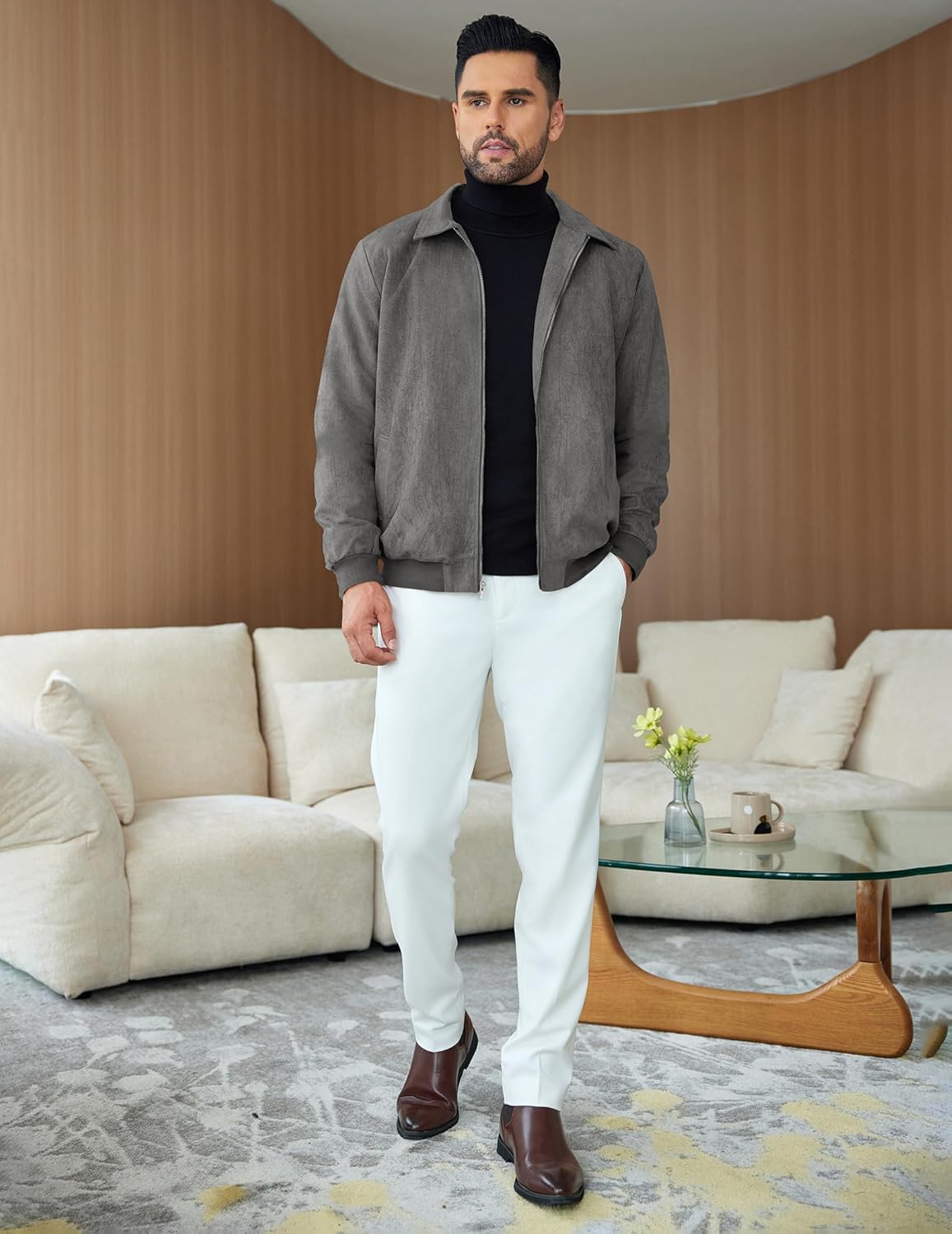 COOFANDY Men's Casual Suede Bomber Jacket Lightweight Full Zip Up Jackets Vintage Faux Leather Jacket - Image 5