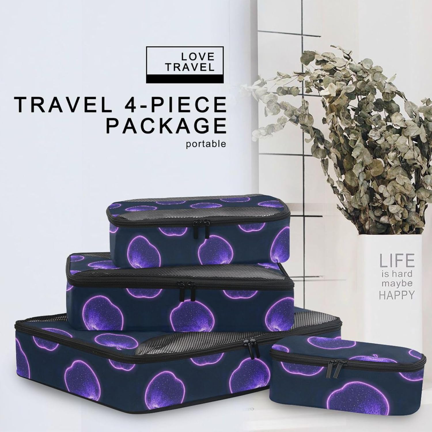 Purple Fluorescent Neon Personalized 4 Pcs set organizer travel case Mesh Travel Essentials portable packing cubes for suitcases