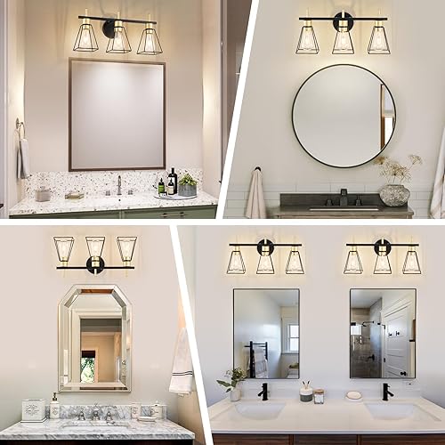 Miniatura 3 de Lámpara de tocador de baño de granja sobre espejo, aplique de pared de 3 luces negro y dorado con jaula de metal, enchufe E26 (bombillas no