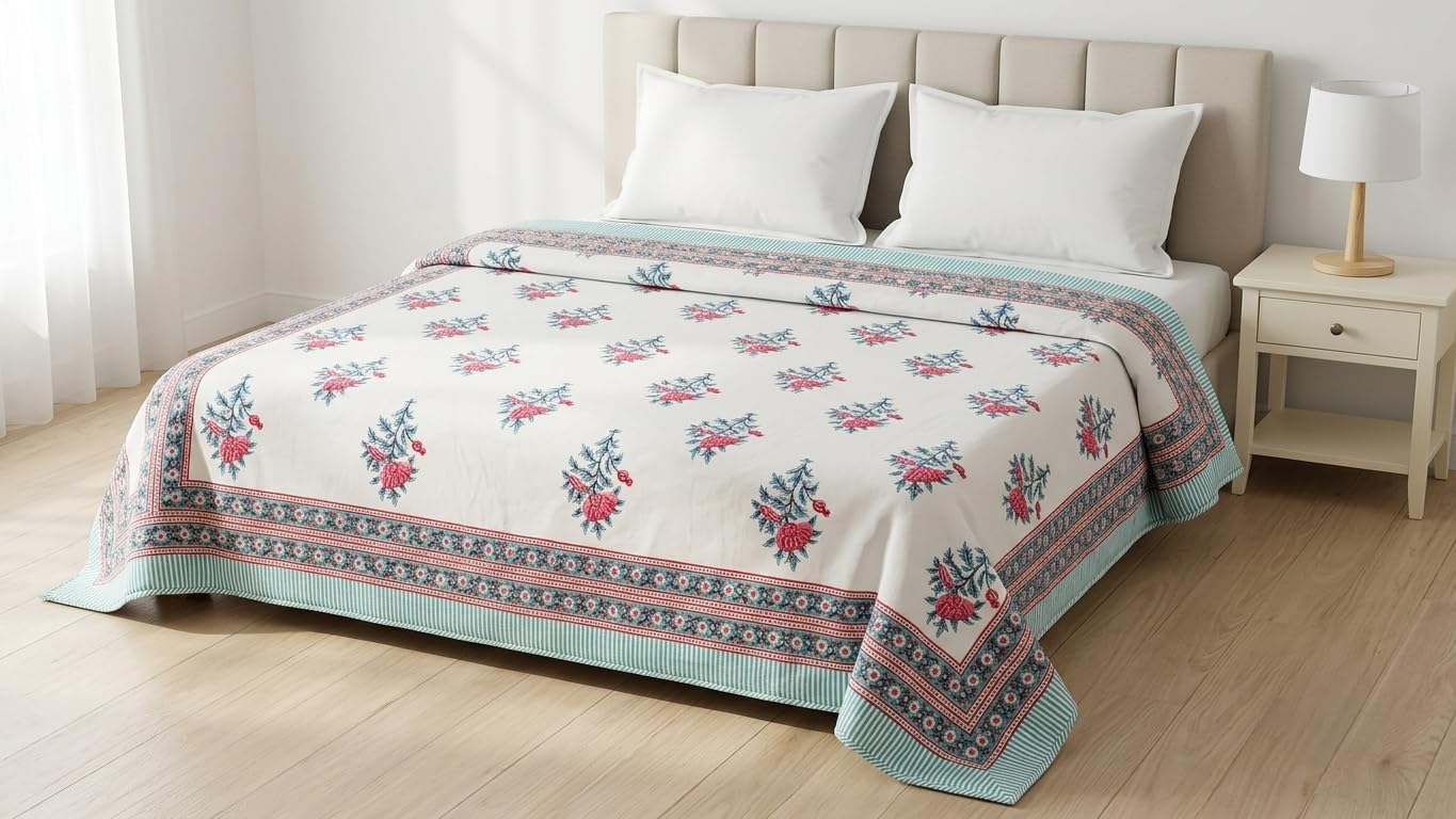 100% Cotton Dohar for Double Bed, Reversible AC Comforter, White Blue | 150 GSM, 274x229 cm, All Season Blanket, Lightweight, Floral Print-image-3