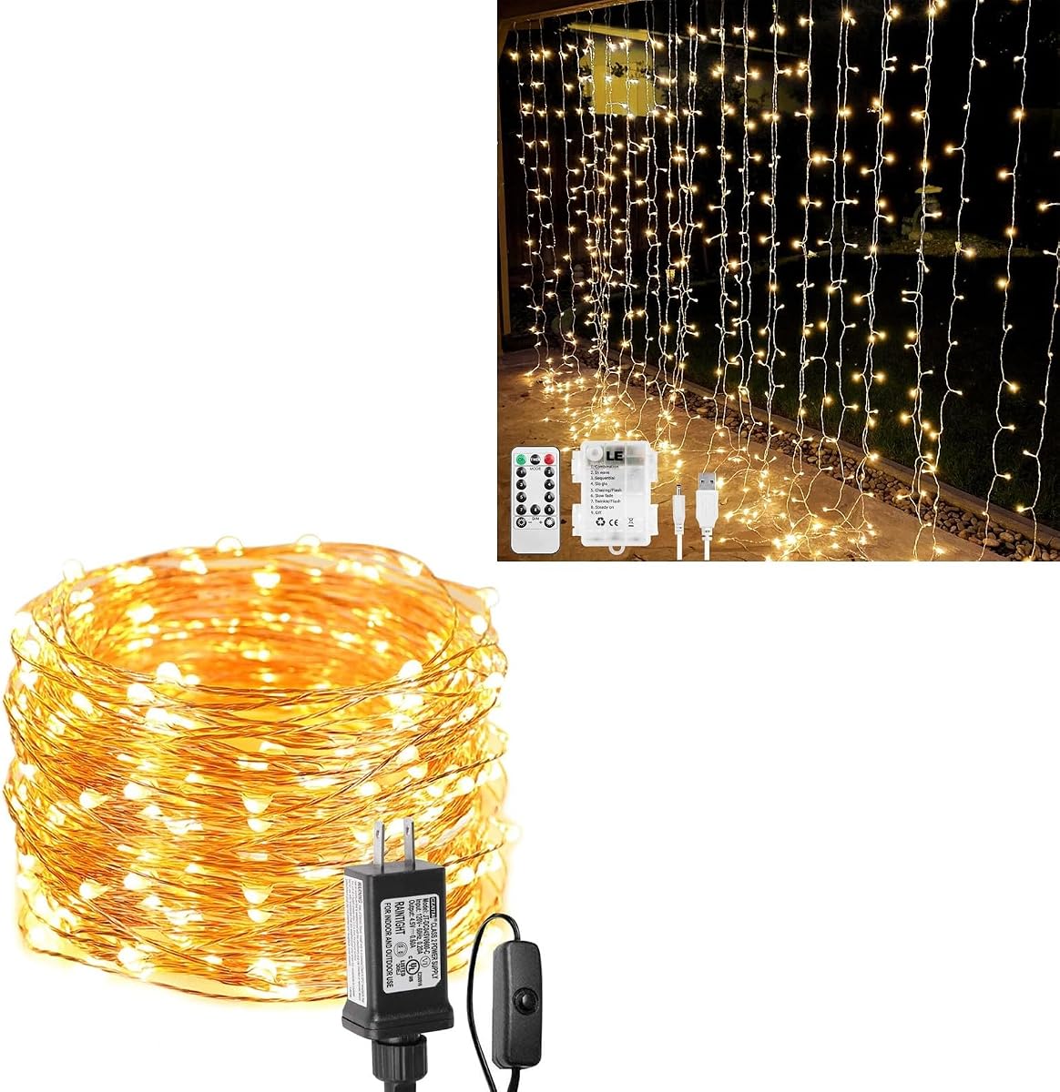 Paquete LE: 66 pies, 200 luces LED enchufables y luces de cortina alimentadas por batería o USB