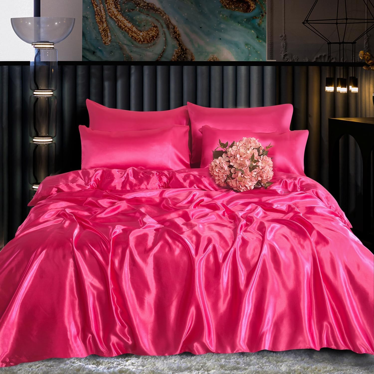Luxury Satin Silk 6-Piece Bedding Set – Complete Set with Fitted Sheet, Duvet Cover & 4 Pillowcases – Soft, Smooth & Elegant Sleep Essentials (FUCHSIA, Super King)