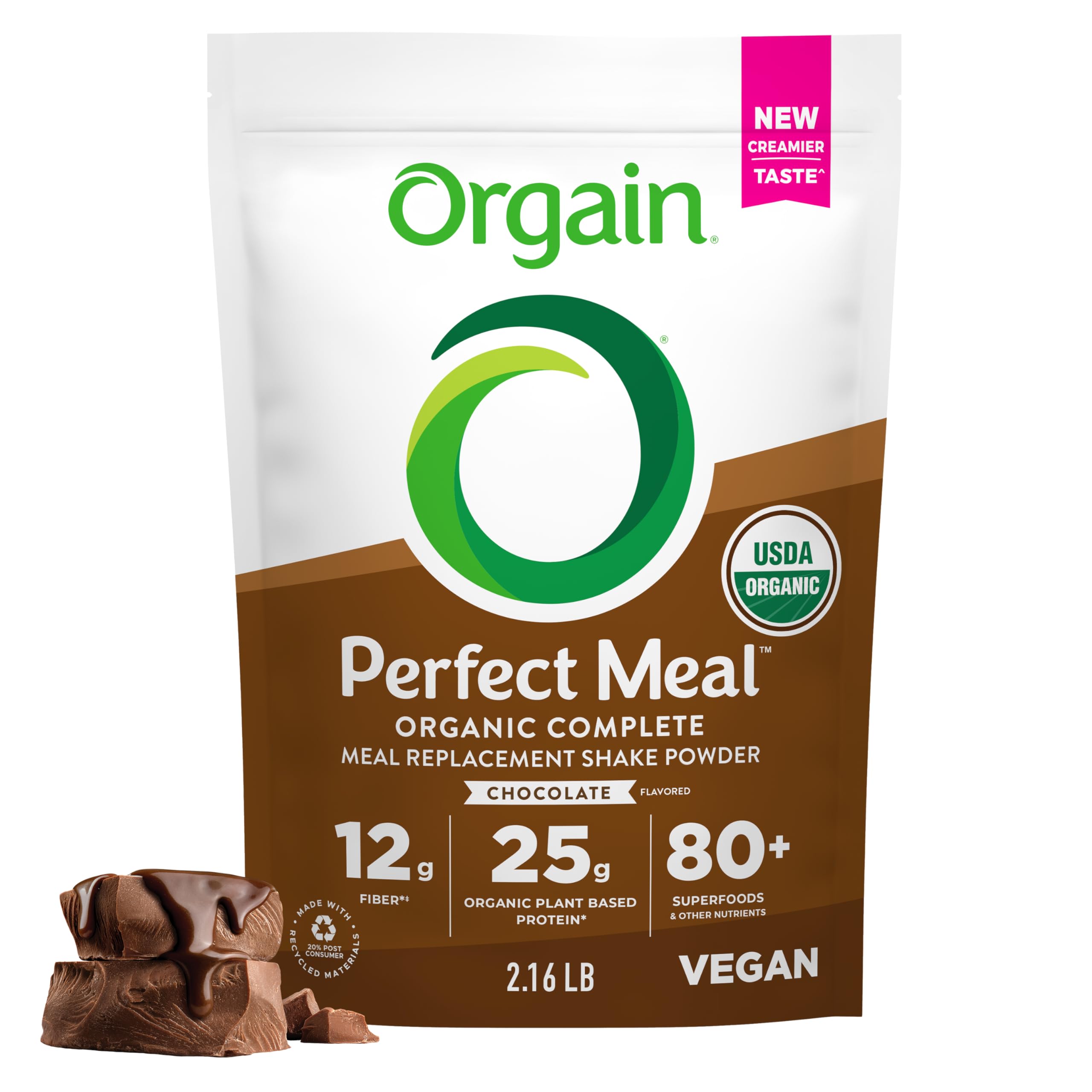 - Orgain Perfect Meal, Organic, Vegan Meal Replacement Protein Powder, Chocolate - 25g Plant Based Protein, 80+ Superfoods, 1B Probiotics & 10g Fiber, Adaptogens & Ashwagandha - 2.16lb