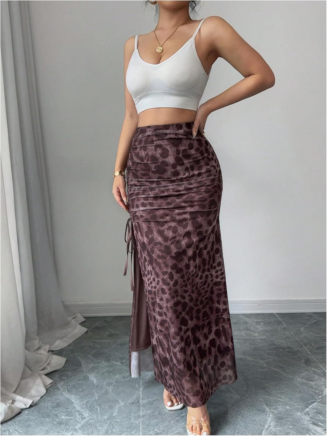 SHENHE Women's Chiffon Leopard Print Ruched Drawstring Split Thigh Bodycon Maxi Skirt - Image 4