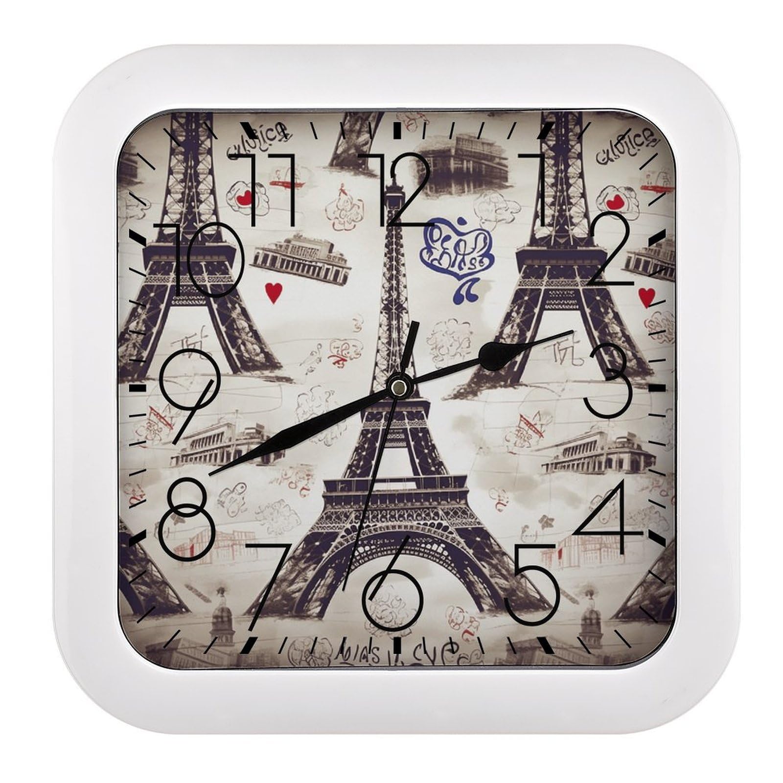 VstaDank French Paris Tour Eiffel Tower Wall Clock Silent Non-Ticking Clocks Modern Frame Square Wall Clocks Battery Operated Analog Clock Home Decor for Living Room Bathroom Kitchen Office 10 in