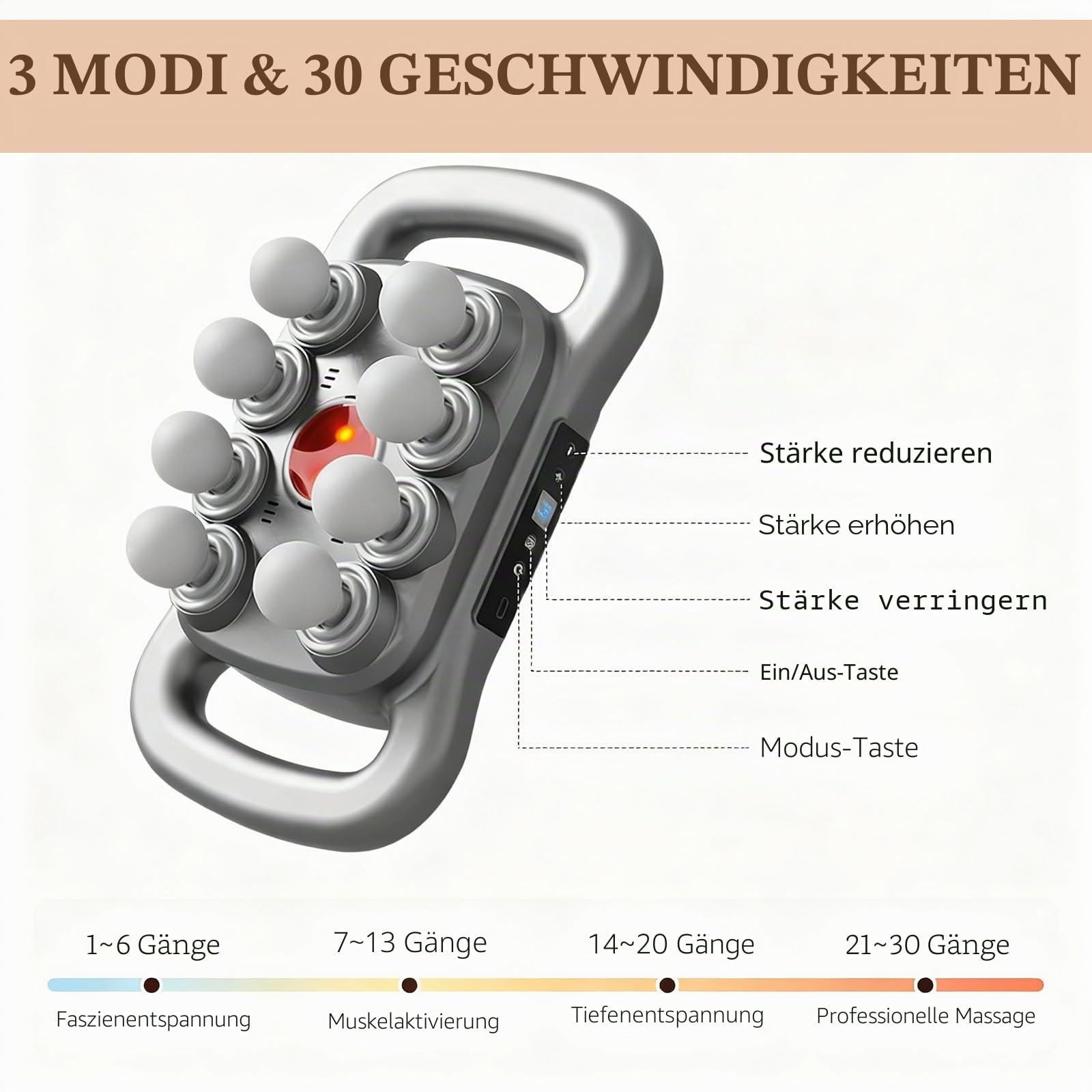 8/16 Köpfe Massagepistole Tiefengewebe, 3 Modi 30 Geschwindigkeiten Muskelmassagepistole, Typ-C Aufladen Elektrische Handmassagegeräte, für Home Office Workout Ganzkörper-Muskelmassage (grau-8 Köpfe)