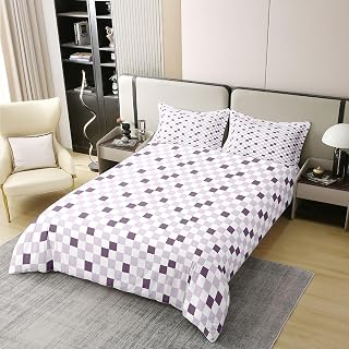 Geometric Square Patchwork Duvet Cover Set Full Size 100% Cotton,Abstract Plaids Grids Artwork Kids Bedding Set,Modern Art Simple Chic Girls Boys Room Decor,Purple Quilt Cover,2 Pillowcases(No Filler)