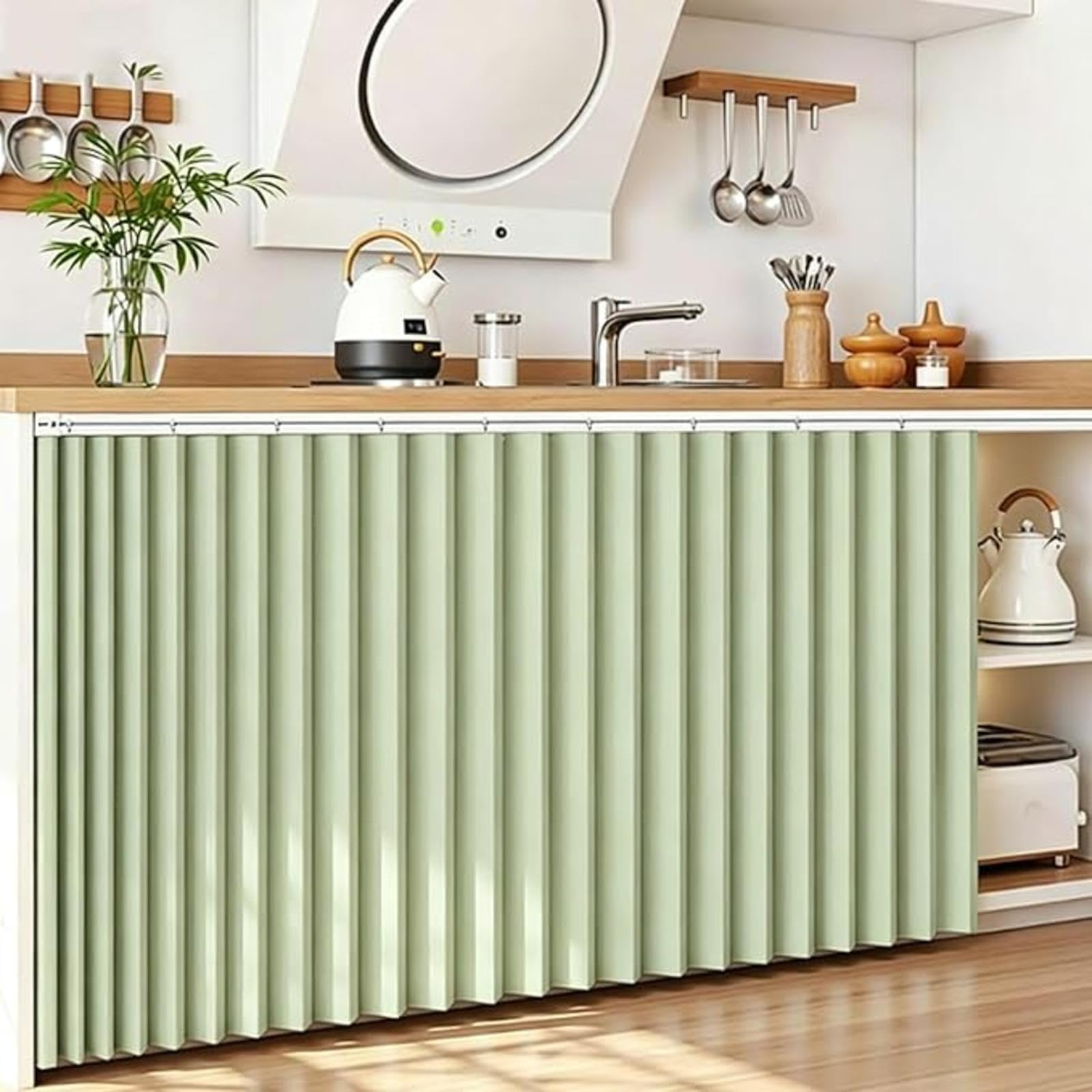 YZBZNG Cupboard Curtain Short Kitchen Curtain Dustproof Waterproof Blackout Privacy Panel Accordion Folding Design With Sliding Rail for Bathroom Pantry Wardrobe Shelves,Green-W160cm/H110cm