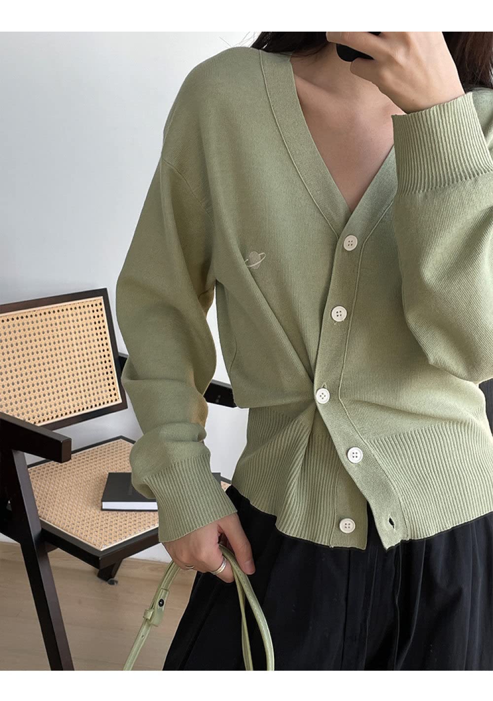 Strickjacke Damen,Damen-Strickjacken Mantel Stilvolle Salbeigrüne Planetenstickerei V-Ausschnitt Pullover Strickjacke Langarm Seitenknöpfe Open Front Strickjacke Frühling Lose Strickoberbekleidun
