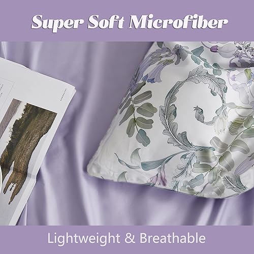 Miniatura 4 de Juego de funda de edredón estilo jardín floral, juego de ropa de cama de acuarela púrpura, flores suaves y lisas, patrón botánico verde, 3 piezas, 1