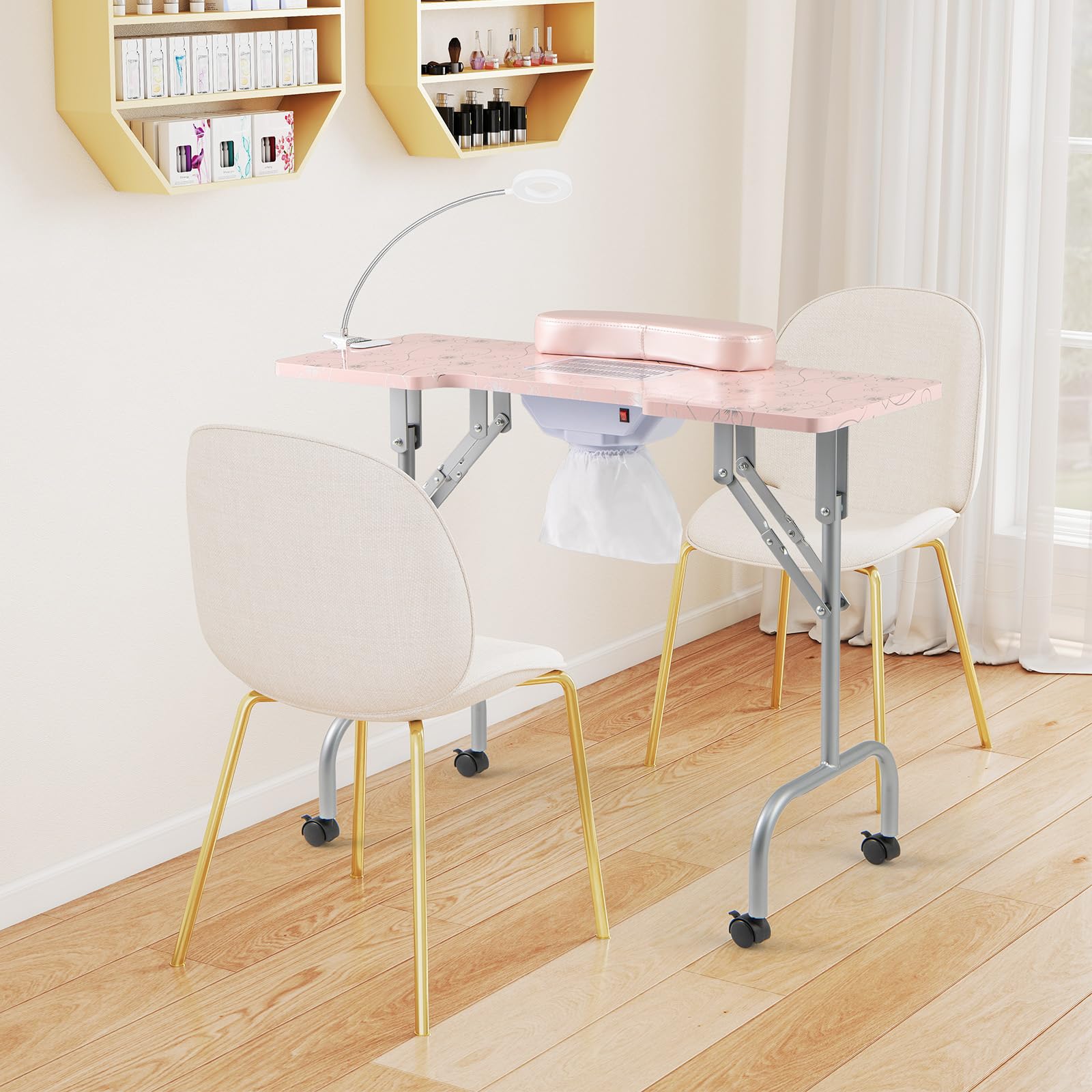 Giantex Foldable Nail Desk - Manicure Table with Built-in Dust Collector Fan, Adjustable LED Lamp, Client Wrist Pad, 4 Lockable Wheels, Portable Nail Tech Desk with Carrying Case (Light Pink)