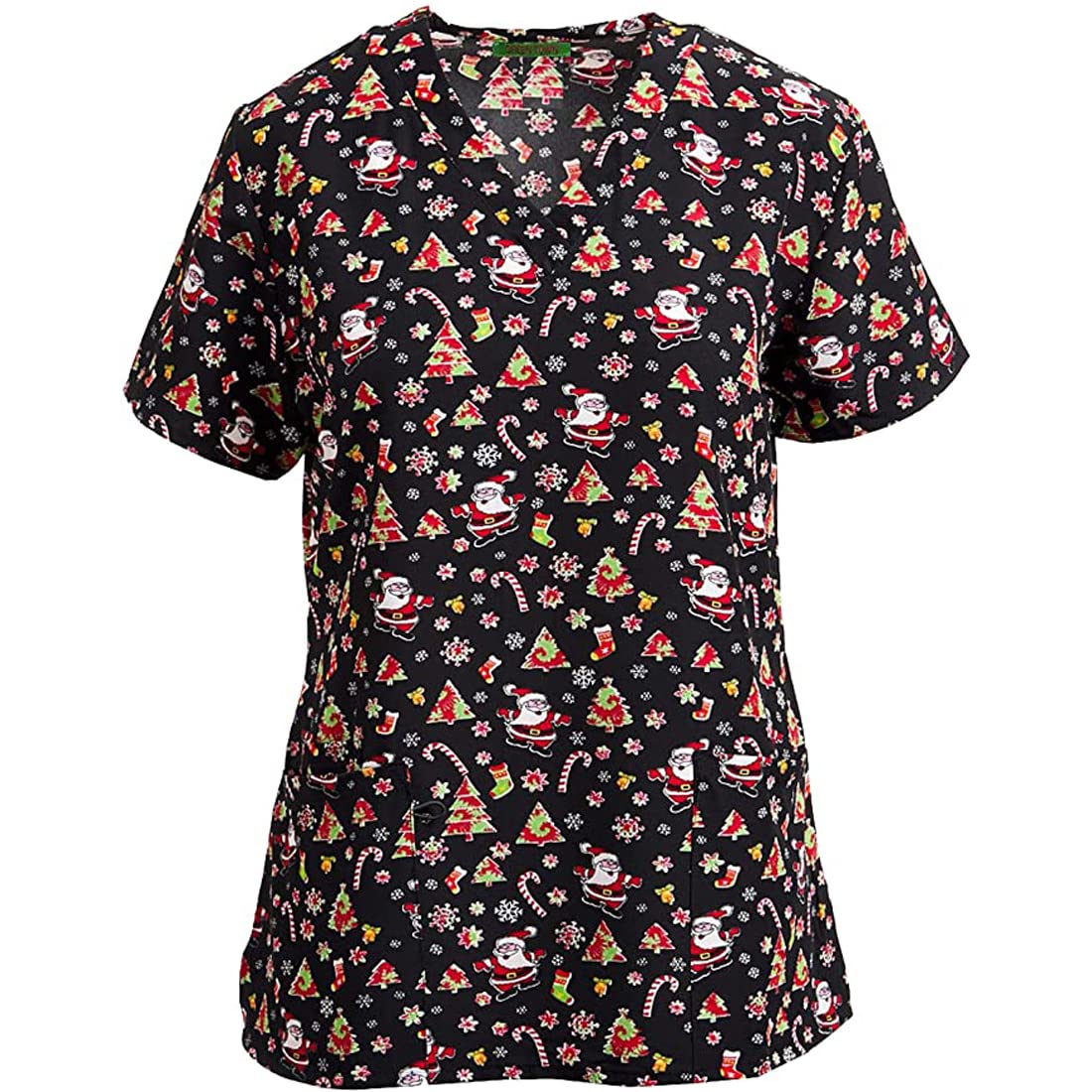 Green Town Holiday Printed Halloween Scrubs, Christmas Printed Uniform Tops (Black TIE DIE Santa Claus, 2X-Large)