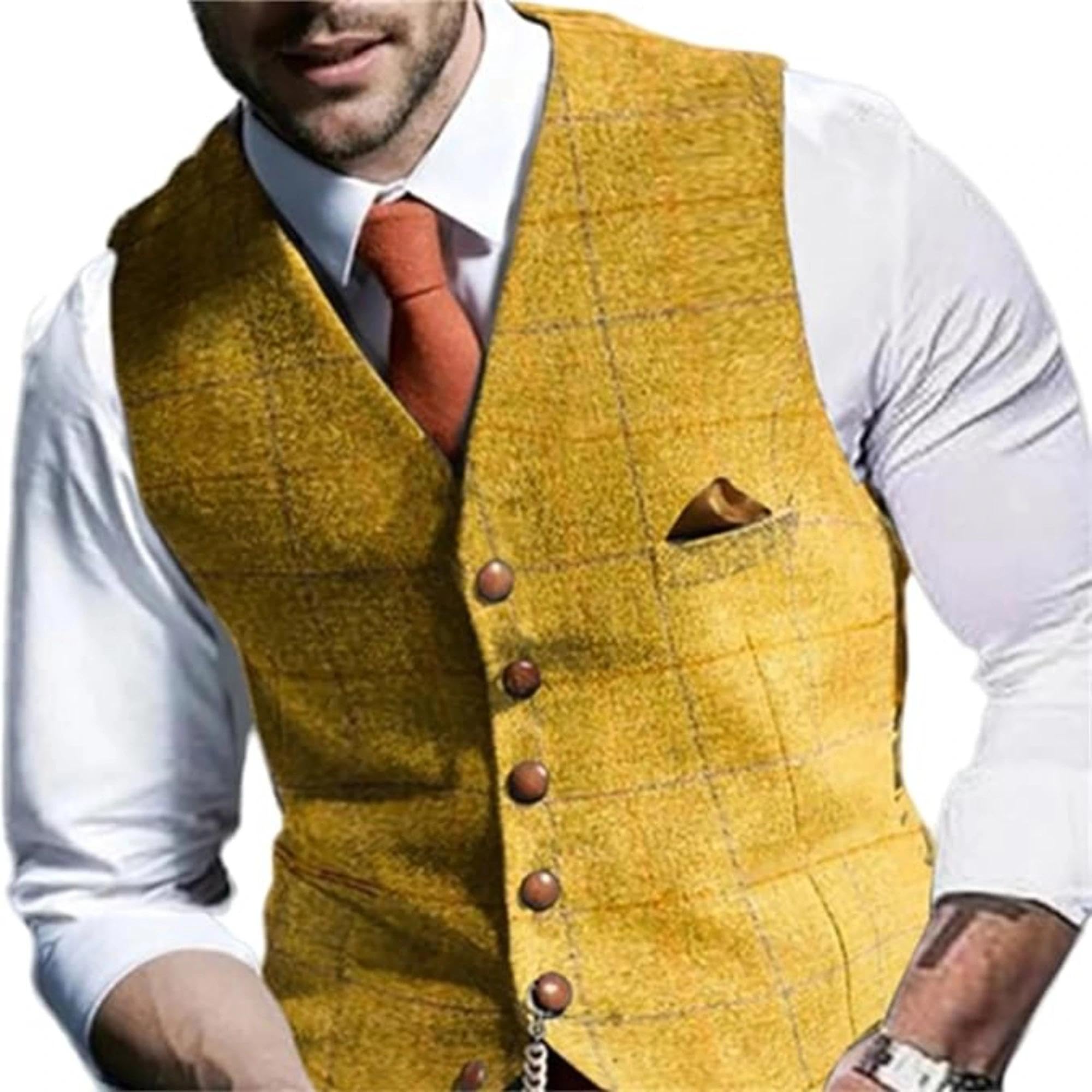 Men's Tweed Plaid Business Suit Vest Casual Tailored Collar Wool Waistcoat Twill Formal Dress Wedding Tuxedo Vest