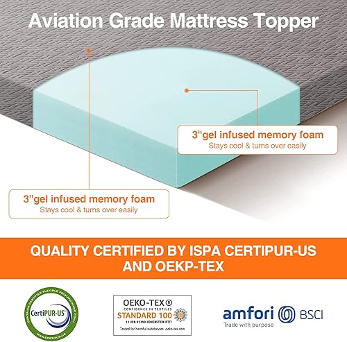 Miniatura 2 de BedLuxury - Cubrecolchón de espuma viscoelástica de gel refrescante, tamaño matrimonial, 3pulgadas, suave, alta densidad, para dolor de espalda, con