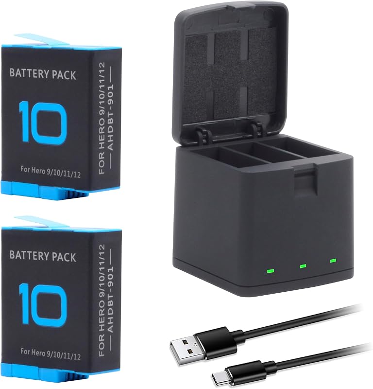 2 Packs Hero 10 Battery for Hero 12/11/10/9 Black Sport Action Camera | with 3 Channel Battery Charging Station Power Fast Portable Accessory High capacity