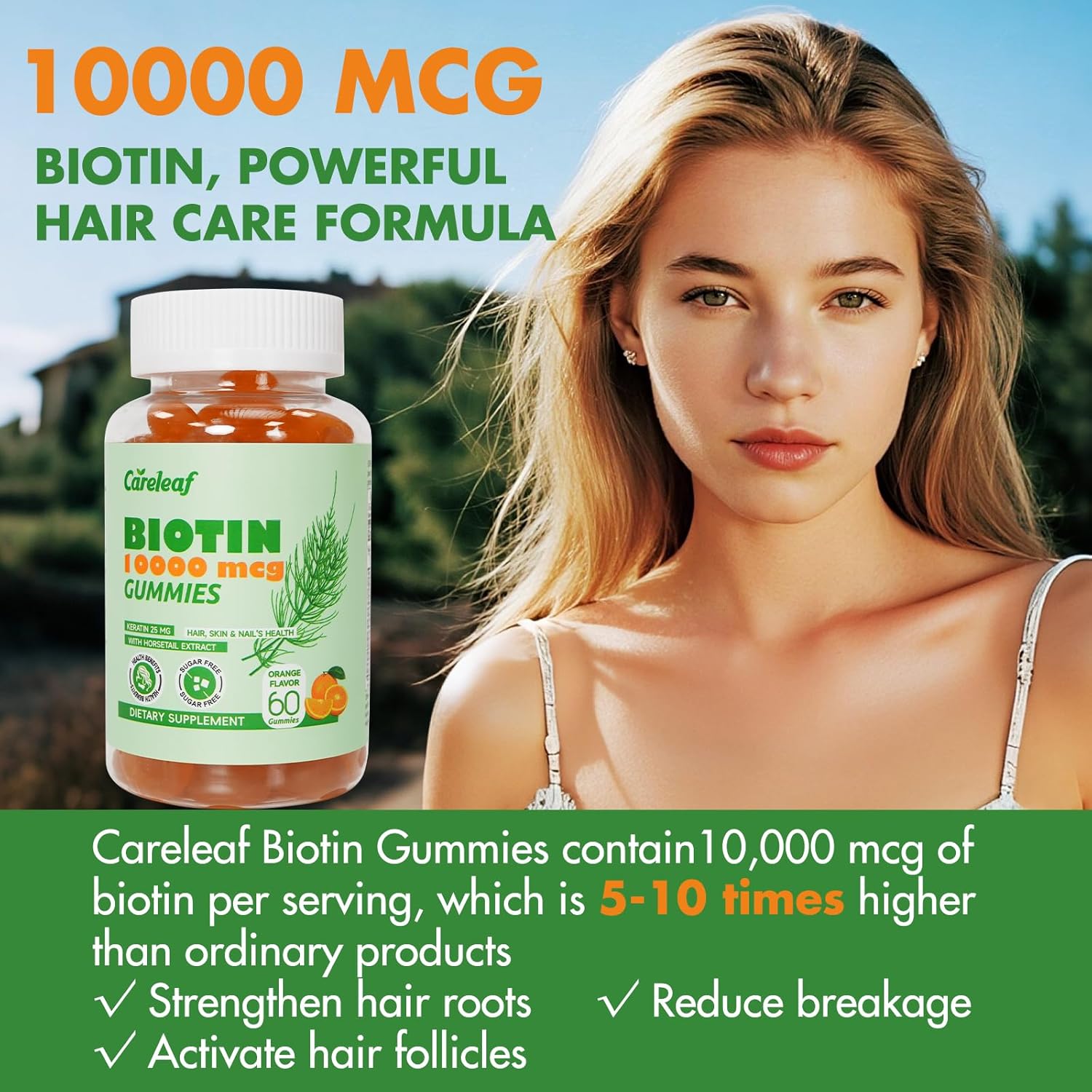 Biotin Gummies, Hair Growth Gummies with 10000 mcg Biotin/Collagen/Keratin, Hair Vitamins for Fuller Hair, Stronger Nails, Glowing Skin, Beauty Support for Women, 60 Count, Orange Flavor - Image 2