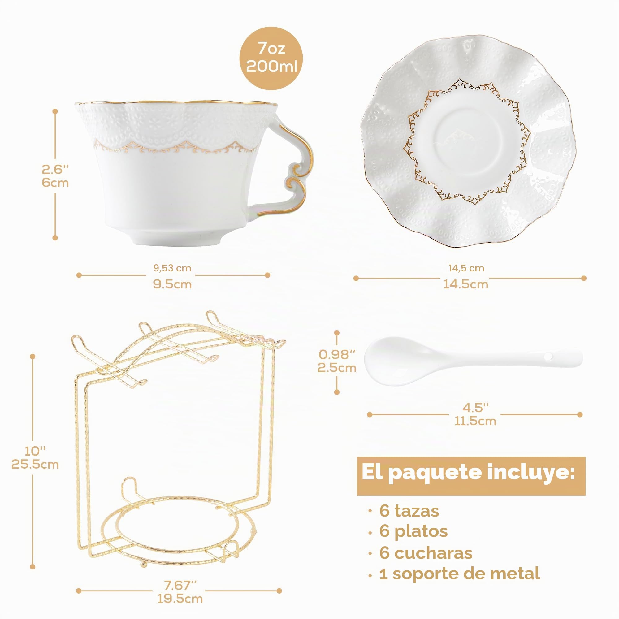 DUJUST Juego de 6 tazas y platillos (200 ml), taza de lujo con ribete dorado, tazas con estampado en relieve, juego de porcelana real británica para fiesta de té - blanco