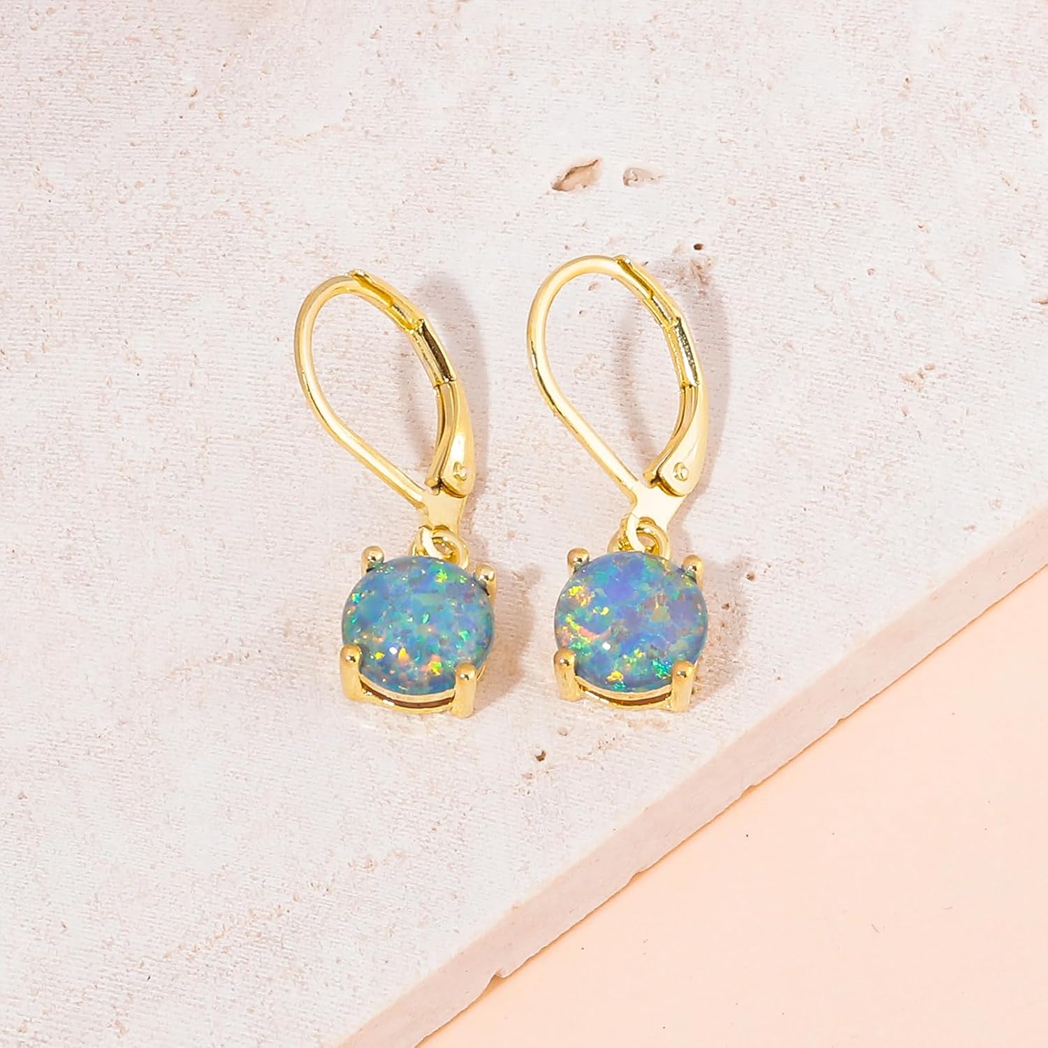 CiNily Round-Cut Opal Dangle Earrings, Green Fire Opal Rhodium Plated Women Jewelry Leverback Gemstone Drop Earrings - Image 6