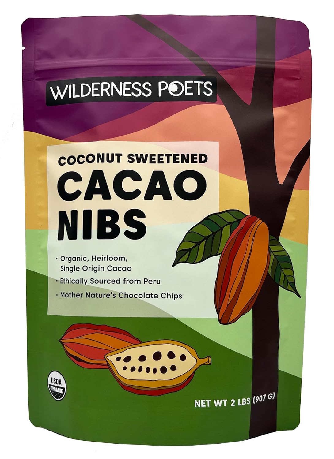 Wilderness Poets, Organic Cacao Nibs (Sweetened with Coconut Nectar) fingredien- 100% Peruvian Heirloom Cacao (Criollo Variety) - (32 Ounce - 2 Pound)
