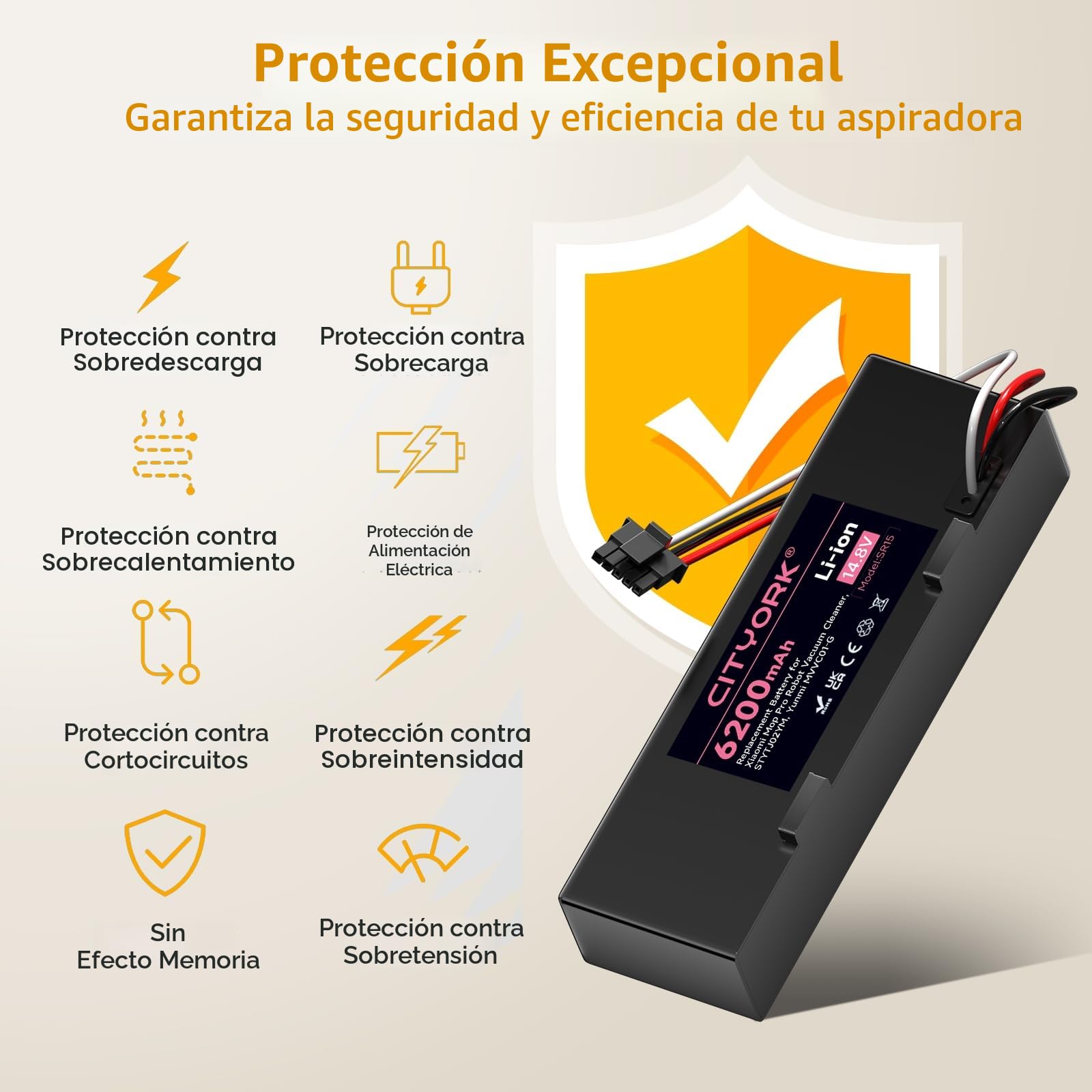 CITYORK 6200mAh 14,4V Batería de Repuesto para Xiaomi Mop 2S / Mop P/Mop Pro, Batería Compatible con Xiaomi Mijia STYTJ02YM / XMSTJQR2S Aspiradora Robot Batería