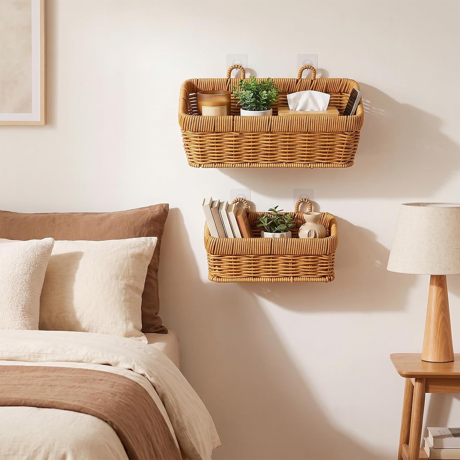 2 Pcs Wall Hanging Basket Set Hanging Wicker Basket with 4 Hooks Brown