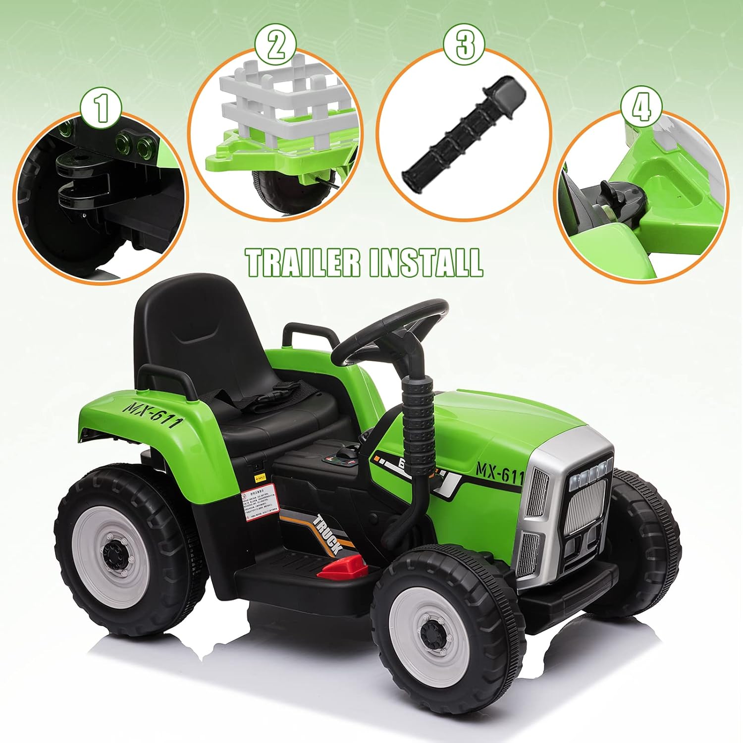 SEHOMY Kids Ride on Tractor with Trailer and 25W Dual Motors, 12V Battery Powered Electric Kids Car Vehicle Toys with Remote, 3-Gear-Shift, Music, LED Lights,USB, Power Wheels for Boys Green