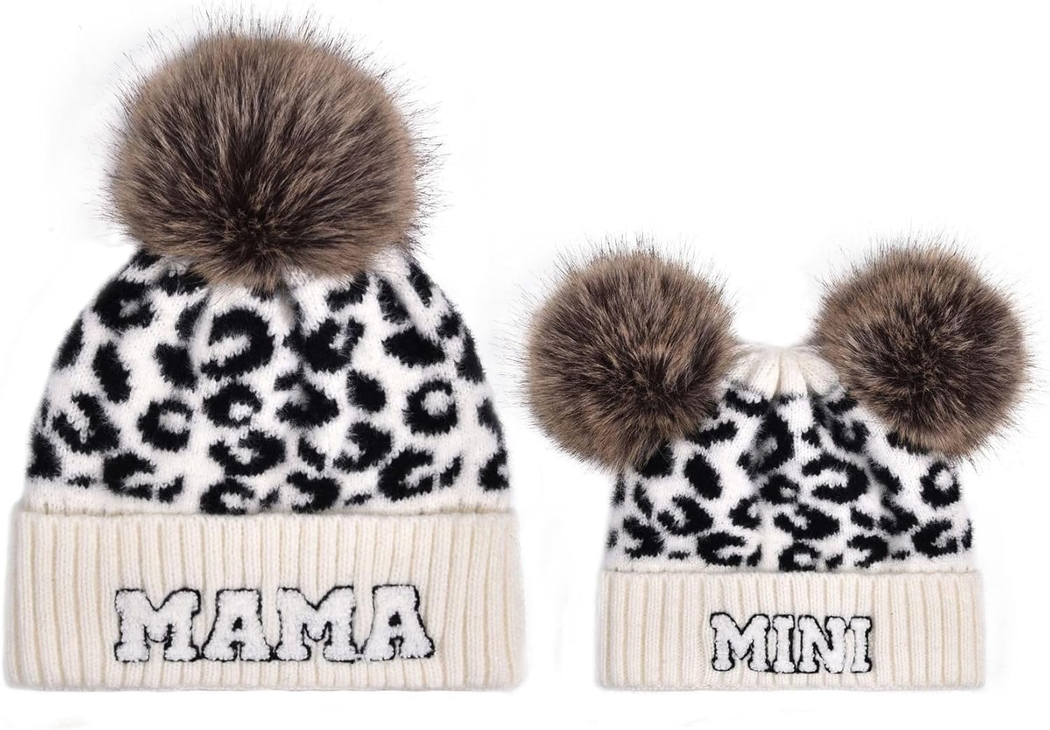 2PCS Parent-Child Beanie Hat Mama and MINI Embroidery Knitted Hat Winter Warm Cuffed Ski Cap with Pom Pom - Image 5
