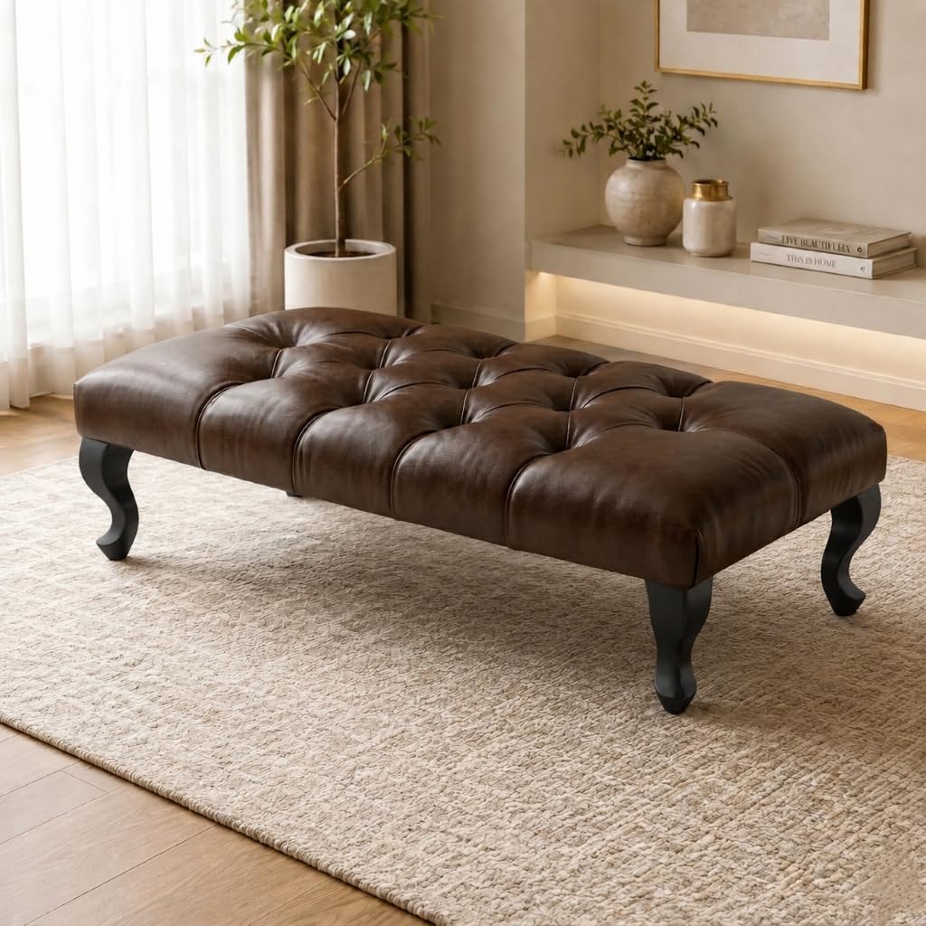 Aiza Chesterfield Leather Footstool Bench Black Legs 102cm - Brown Leather