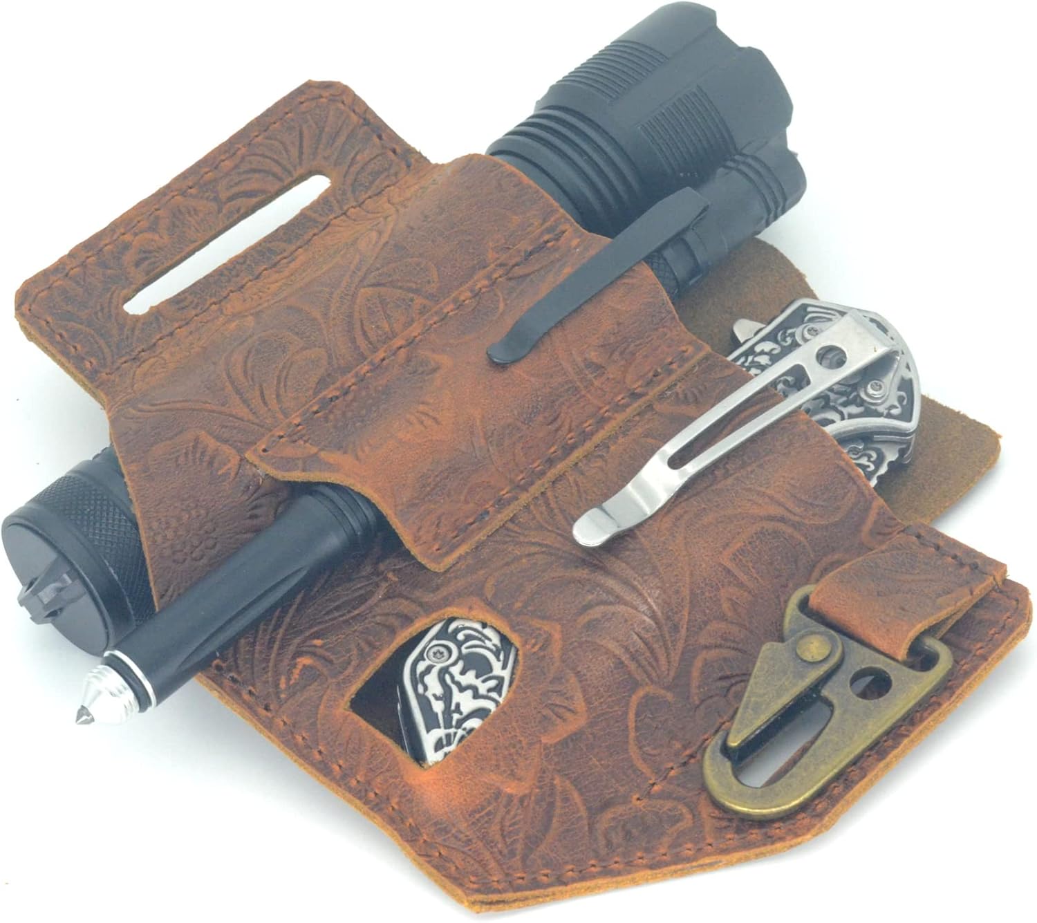 Personalized Leather Multitool Sheath Organizer, EDC Belt Pouch for Men, Belt Holder with for Swiss Army Pouch, Flashlight Holder, Pen Holder and Key Chain Clip, Knives Sheath Holster