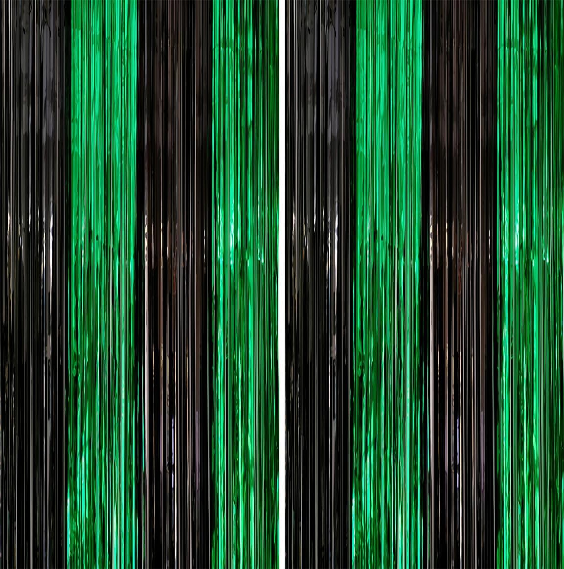 2 Pack 3.3x6.6ft Black Green Metallic Tinsel Foil Fringe Backdrop Window Door Streamers Birthday St Patrick's Day Halloween Bachelorette Graduation Video Game Hawaiian Jungle New Year Party Decoration