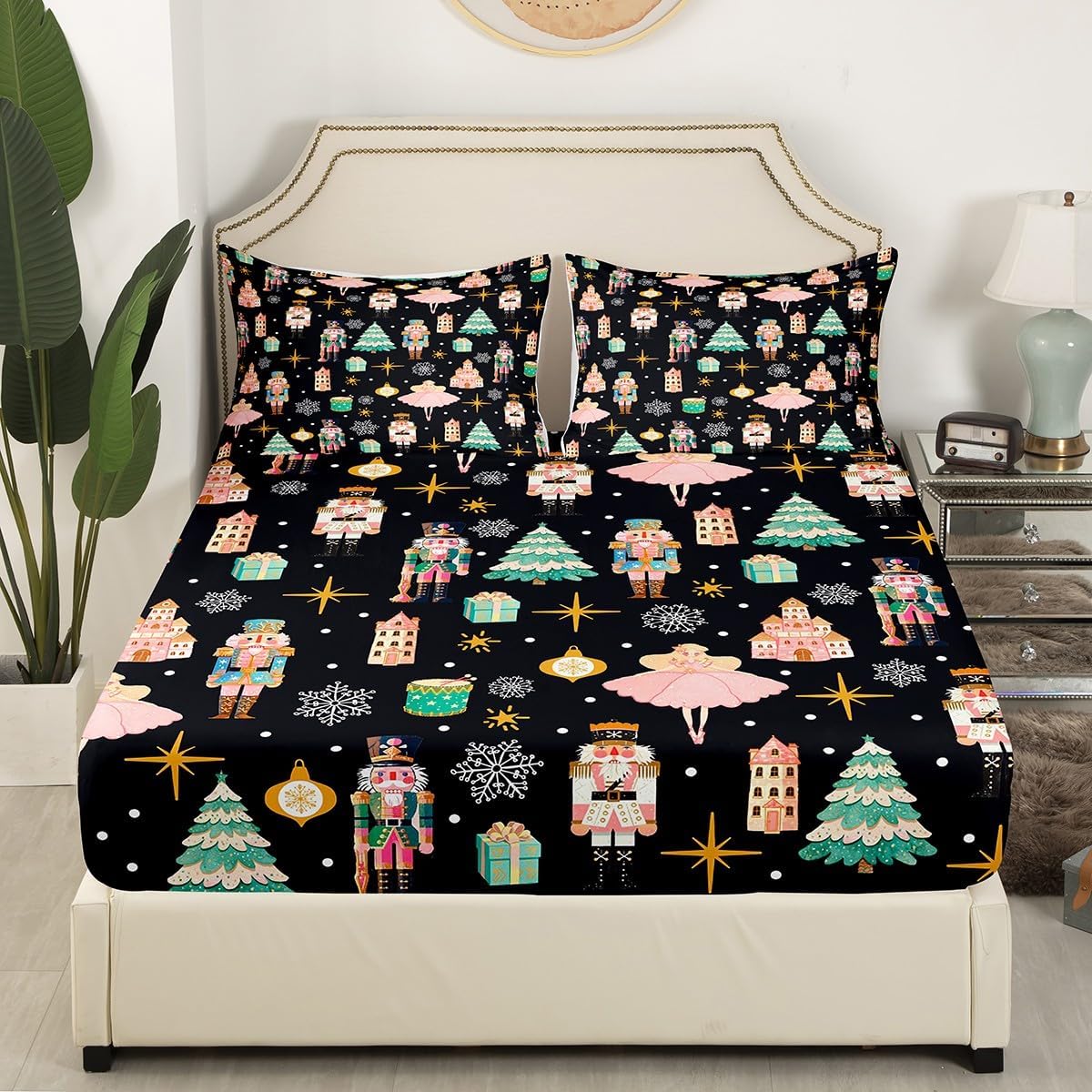 Erosebridal Black Christmas Twin Bed Sheets Set,Nutcracker Sheet Set,Xmas Snowflake Stars Sheets,Romantic Princess Castle Flat Fitted Sheet for Women Men Adults