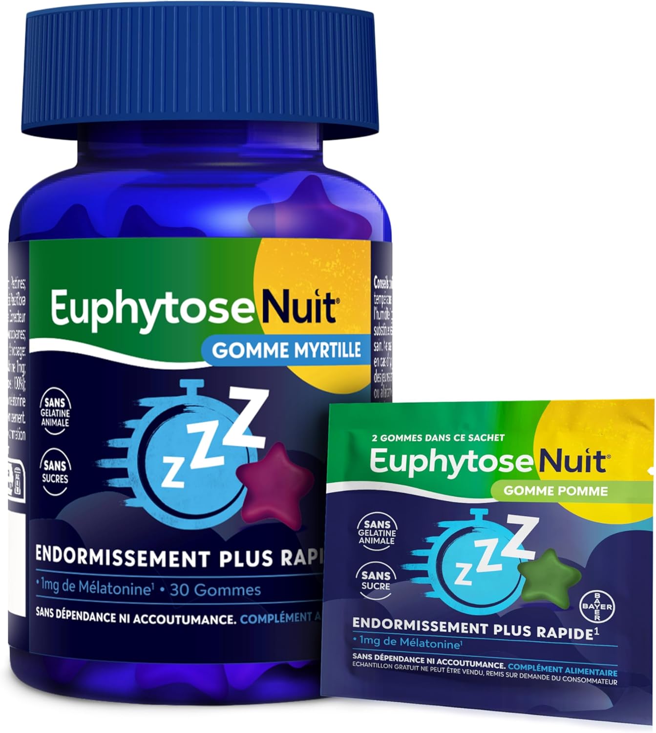 EuphytoseNuit® Sleep Gummies, 1 mg Melatonin, Food Supplement, Vitamin B6, Faster Sleep, 30 Blueberry Gums + 2 Apple Erasers