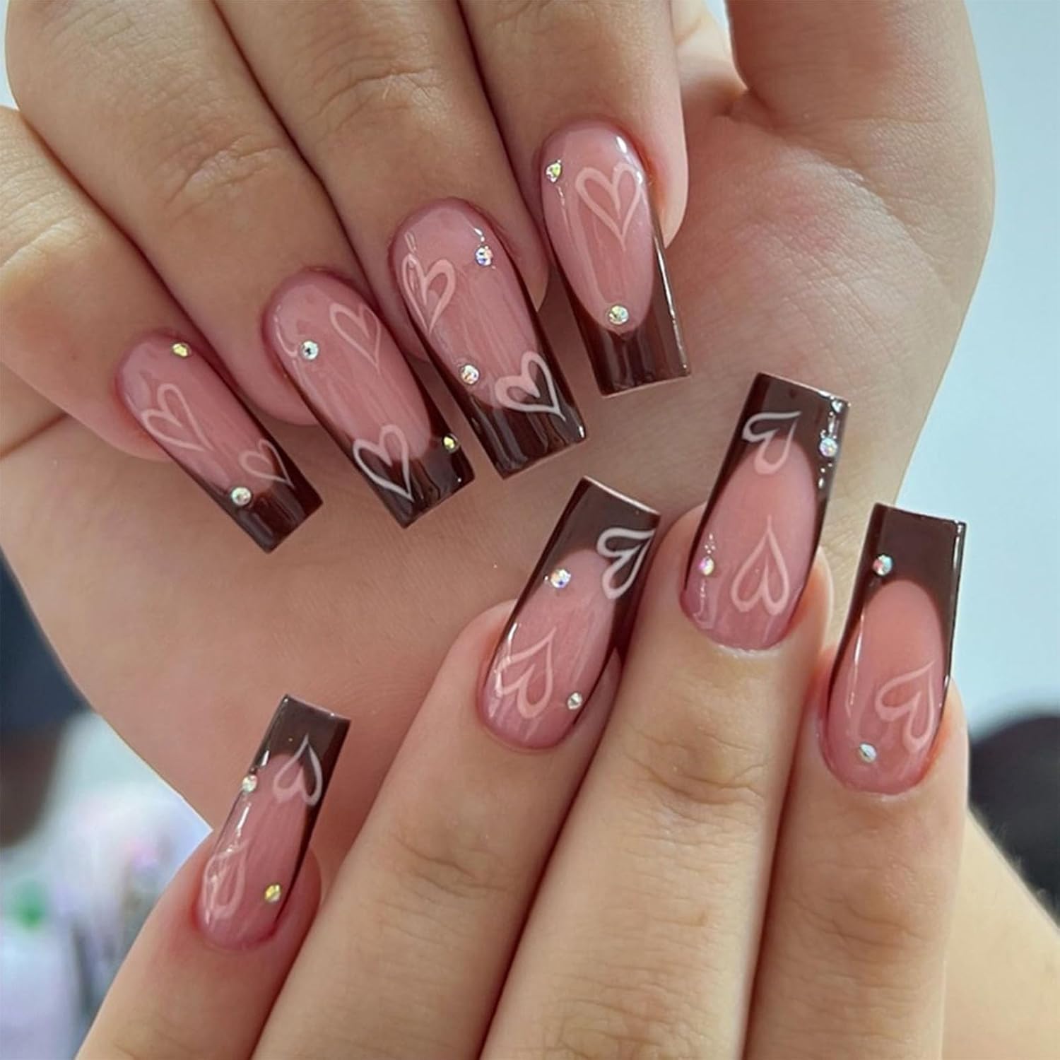 black french tip press on nails square fake nails medium acrylic nails press ons cute heart rhinestones full cover glue on nails for women girls 24 pcs