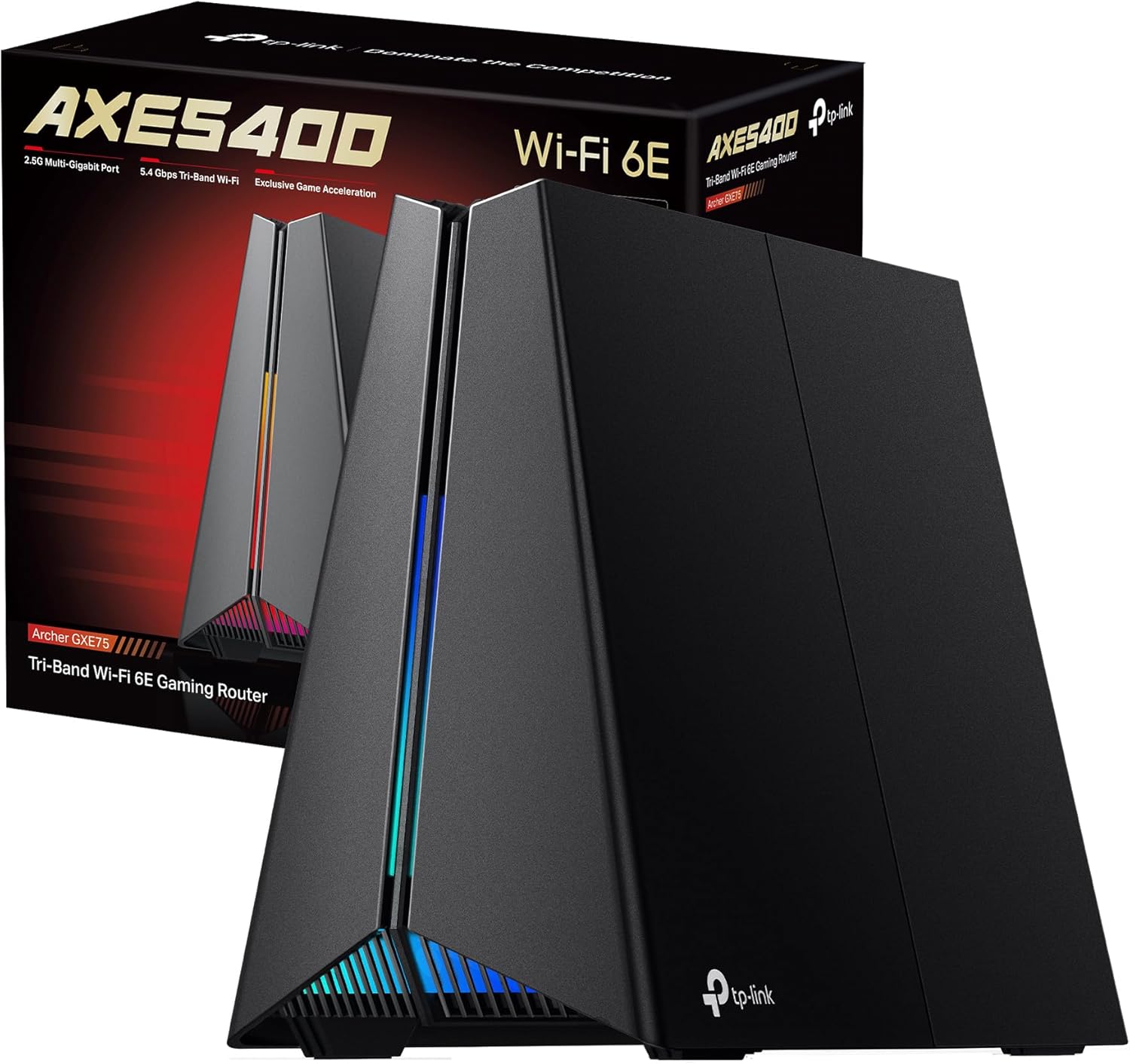 TP-Link Archer GXE75 Router Wi-Fi 6E Tri-Band AXE5400Mbps, 4 Porte 1G+Porta 2.5G, Canali 320MHz, 4K-QAM, Beamforming, 4 Antenne Interne, Home Shield,