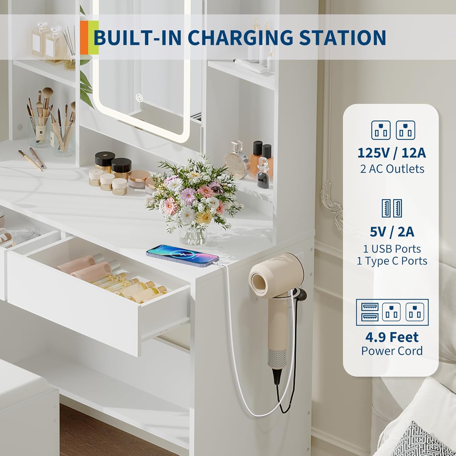 Jojoka Vanity Desk with Mirror and Lights, Vanity with 2 Storage Drawers, 2 Shelves and 6 Compartments, Compact Vanity-White