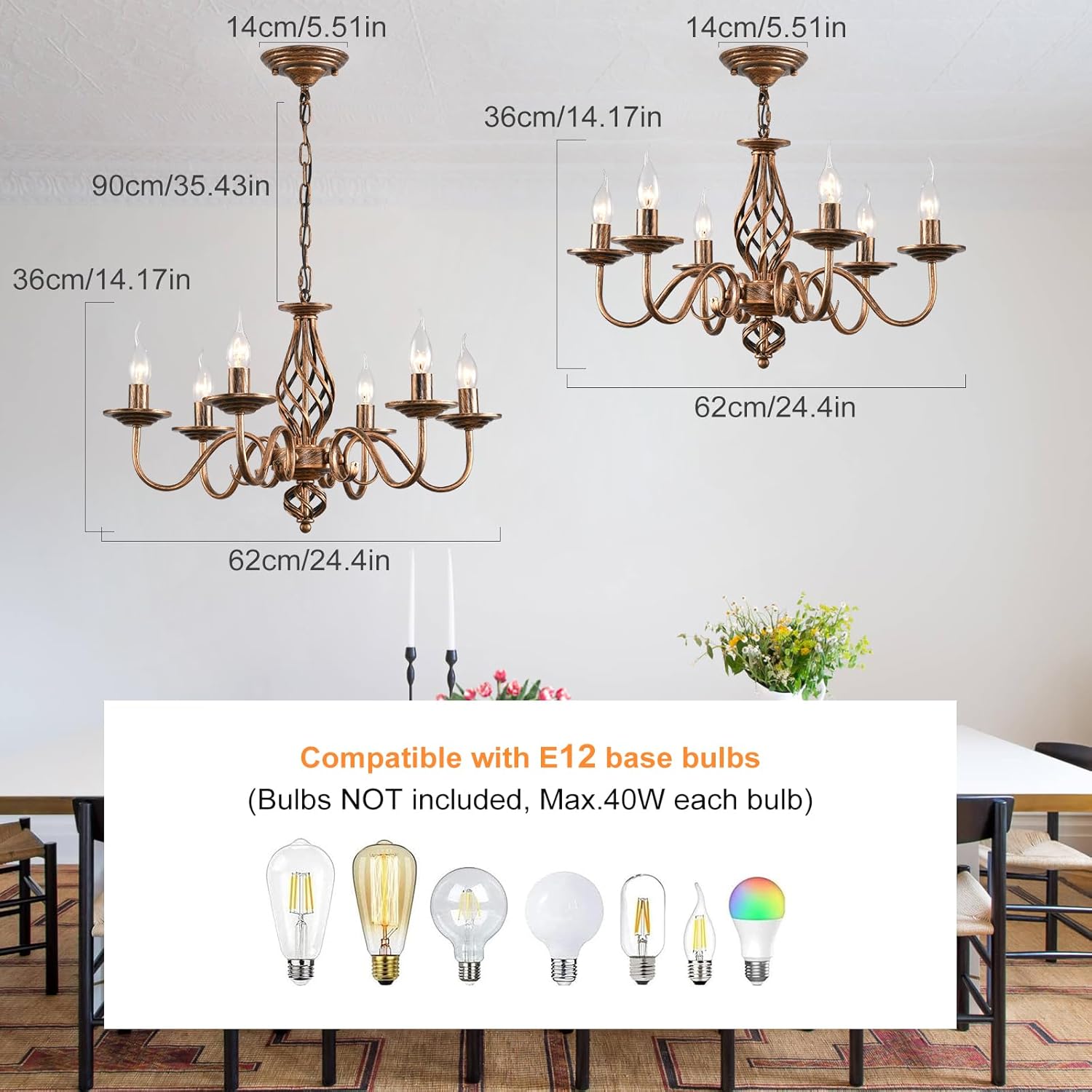 Ganeed French Country Chandeliers, 6 Lights Rustic Vintage Metal Pendant Light Fixture Hanging Light for Farmhouse, Kitchen Island, Dining Room, Living Room, Antique Bronze E12 Base