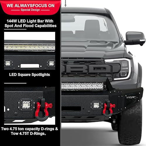 Miniatura 3 de Parachoques delantero con textura negra compatible con Ford Ranger 2019 2020 2021 2022 2023 2024 con placa de cabrestante, luces LED, anillo en D y