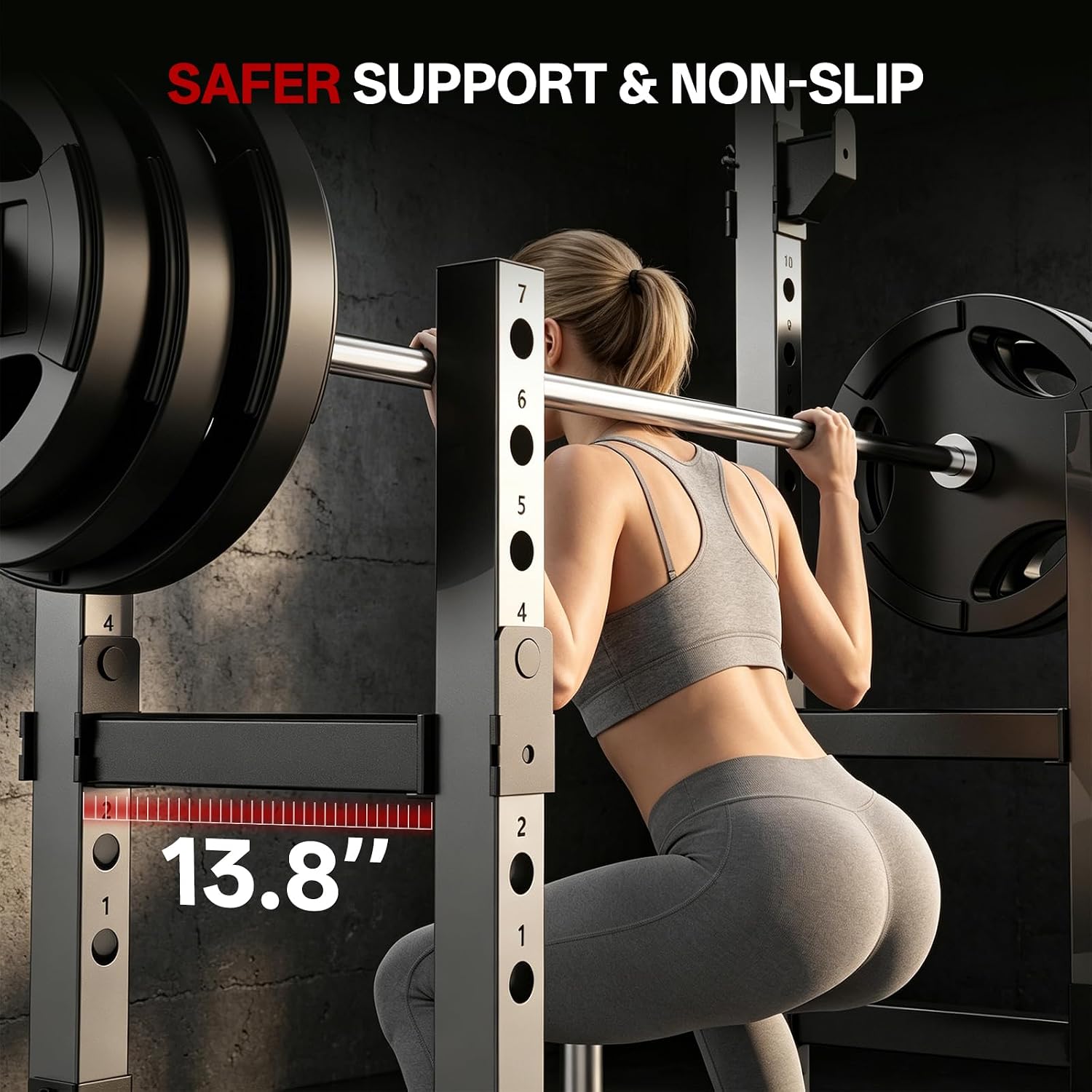 Woman performing squats with a barbell on the PASYOU Squat Power Rack, showing safety features